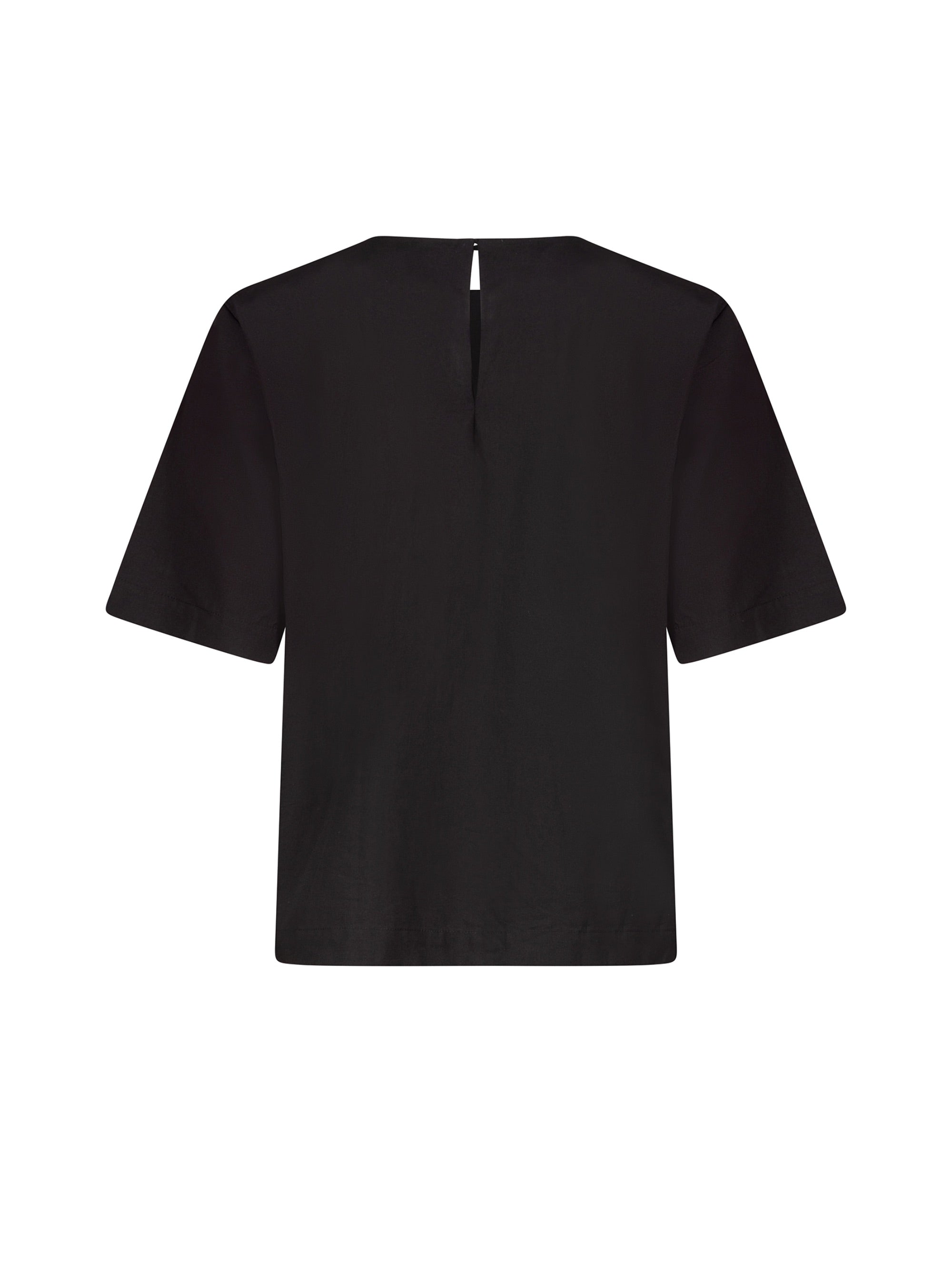 Hochgeschlossene Bluse aus Baumwolle im T-Shirt-Stil mit Knopfverschluss auf der Rückseite.