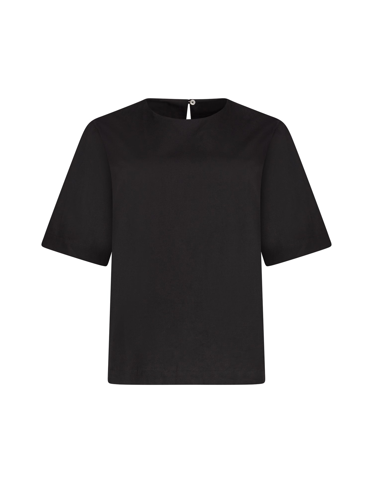 Hochgeschlossene Bluse aus Baumwolle im T-Shirt-Stil mit Knopfverschluss auf der Rückseite.