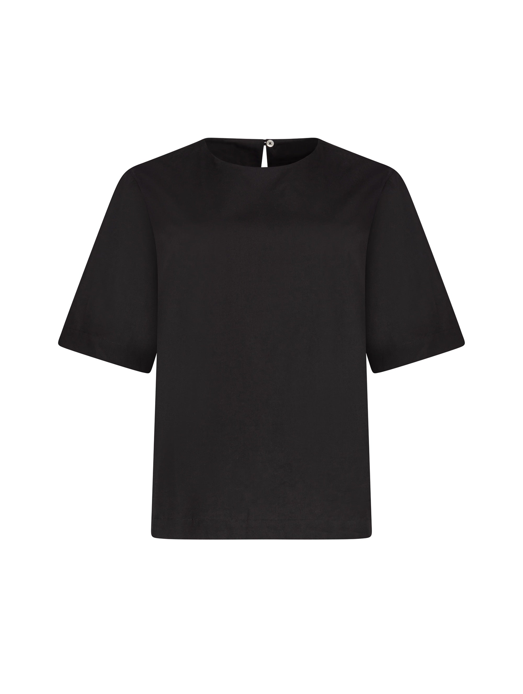 Hochgeschlossene Bluse aus Baumwolle im T-Shirt-Stil mit Knopfverschluss auf der Rückseite.