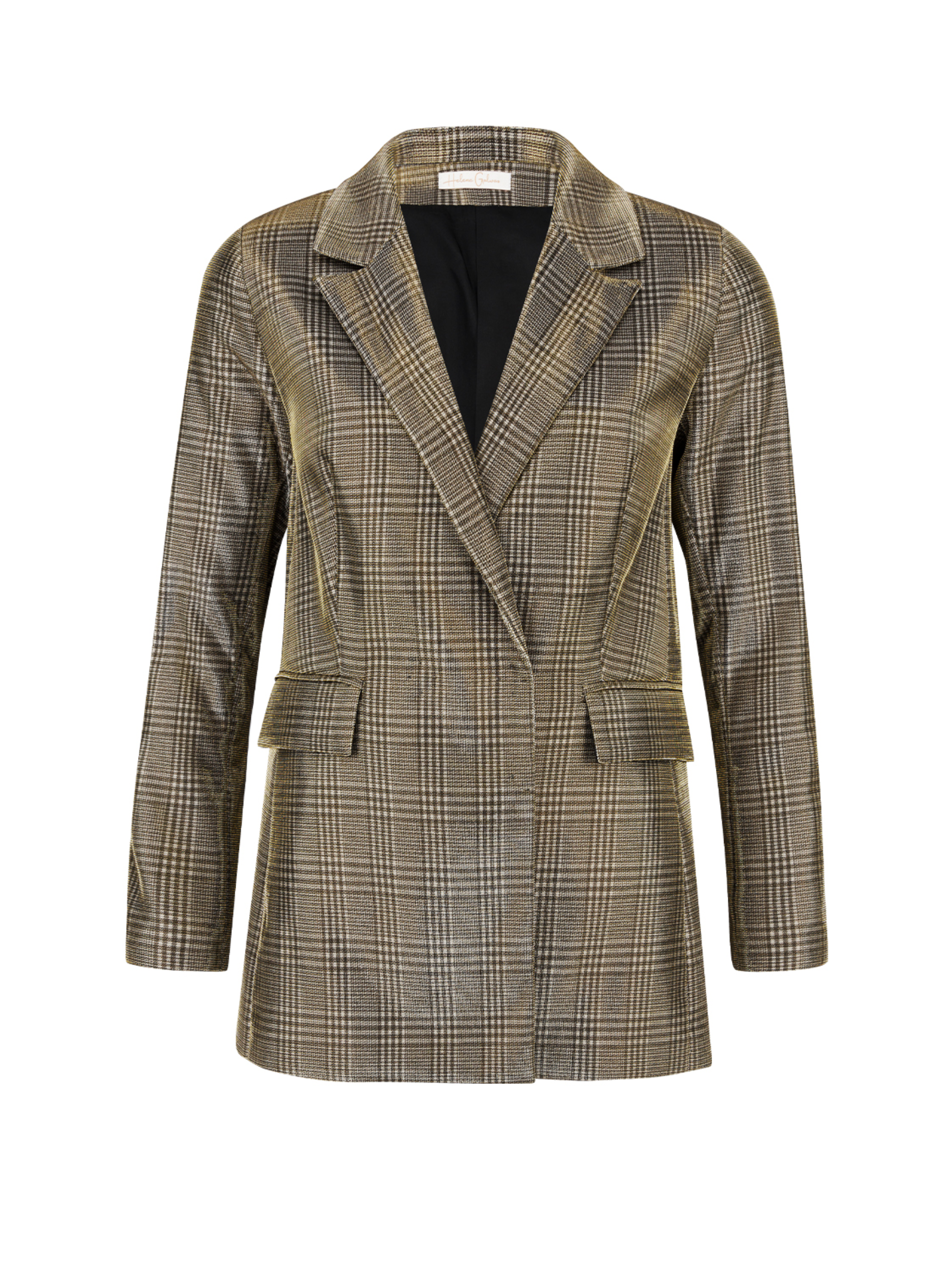 Blazer aus einer abgetragenen Tartanbahn gefertigt, beschichtet mit einem speziellen glänzenden Lurex-Material, sowie 2 Schlitzen an der Rückseite