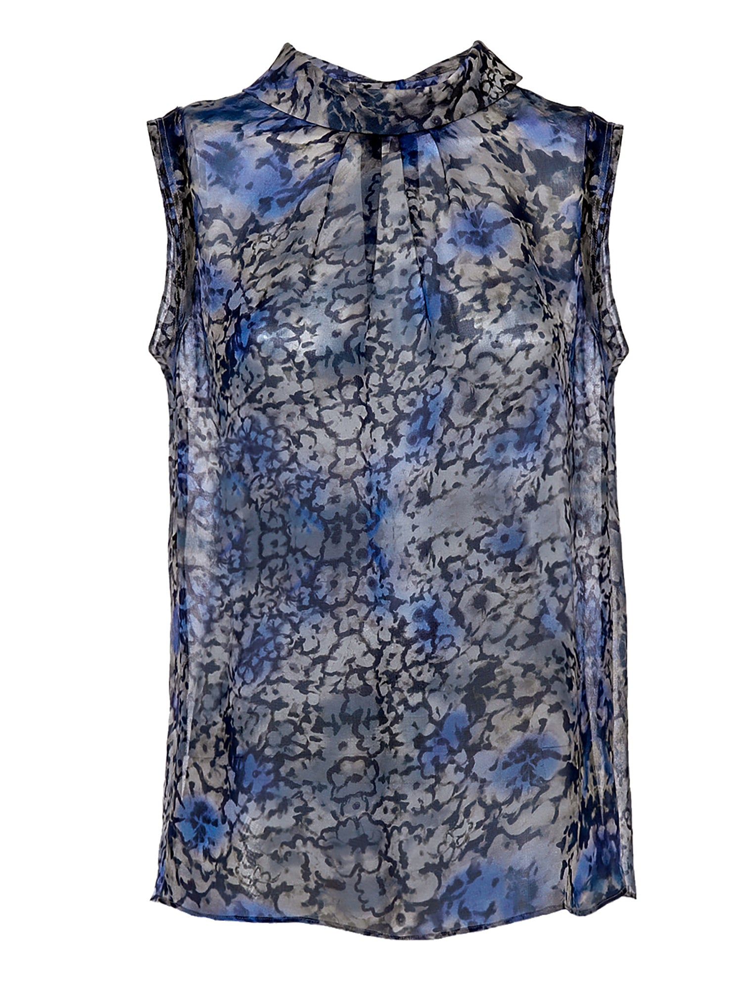 Transparente, ärmellose Bluse aus Chiffonseide, hemdkragenverschluss im Nacken und ungesäumte Ärmelkanten.