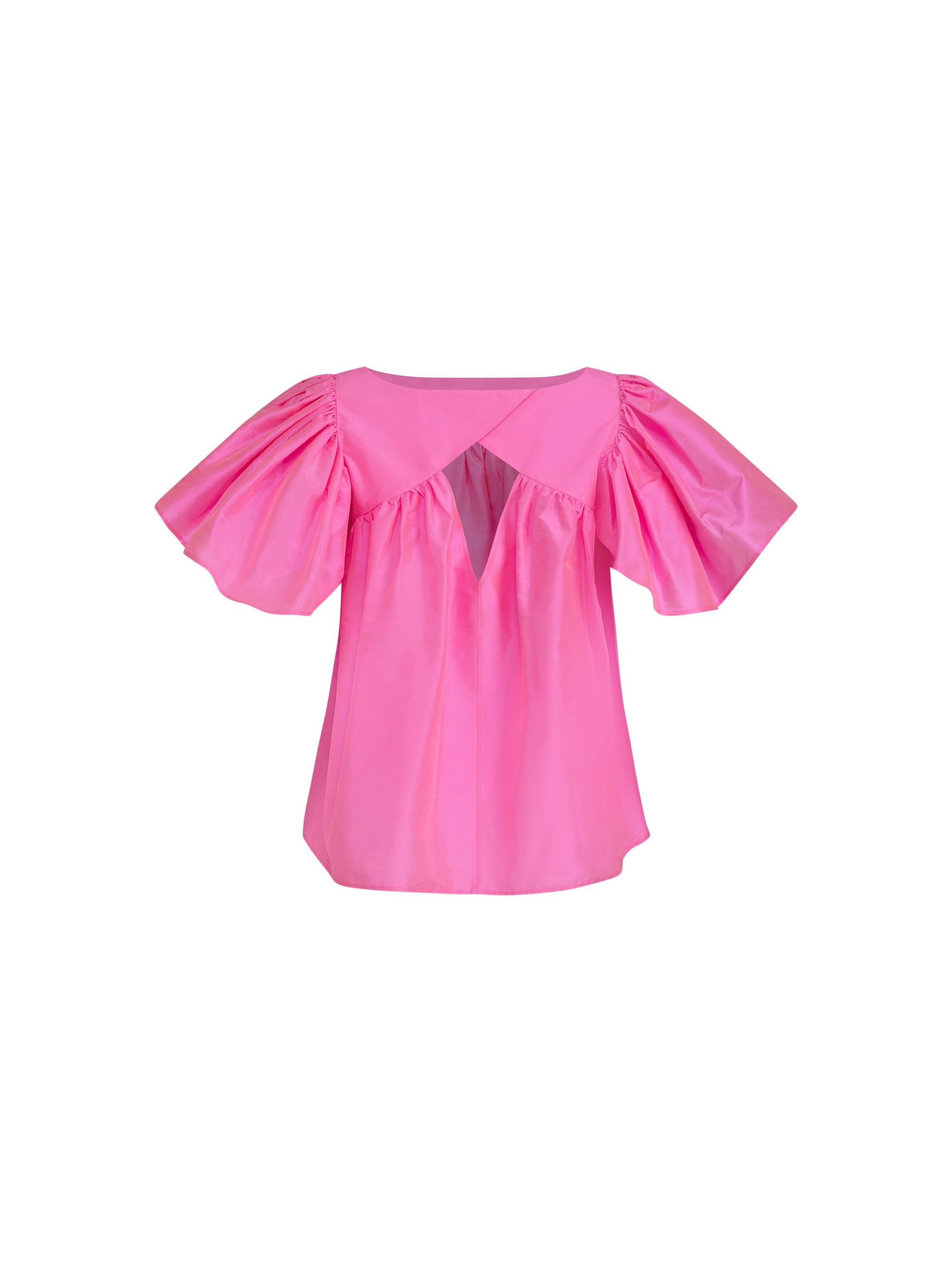 Weit geschnittene Bluse mit breitem Volantärmel und raffiniertem Rückenausschnitt aus pinken Dupionsilk, sowie versteckten Taschen in der Seitennaht. Zusätzlich mit breiten Gürtel zum Binden tragbar. Dieses Produkt ist Teil unserer Reborn Linie.