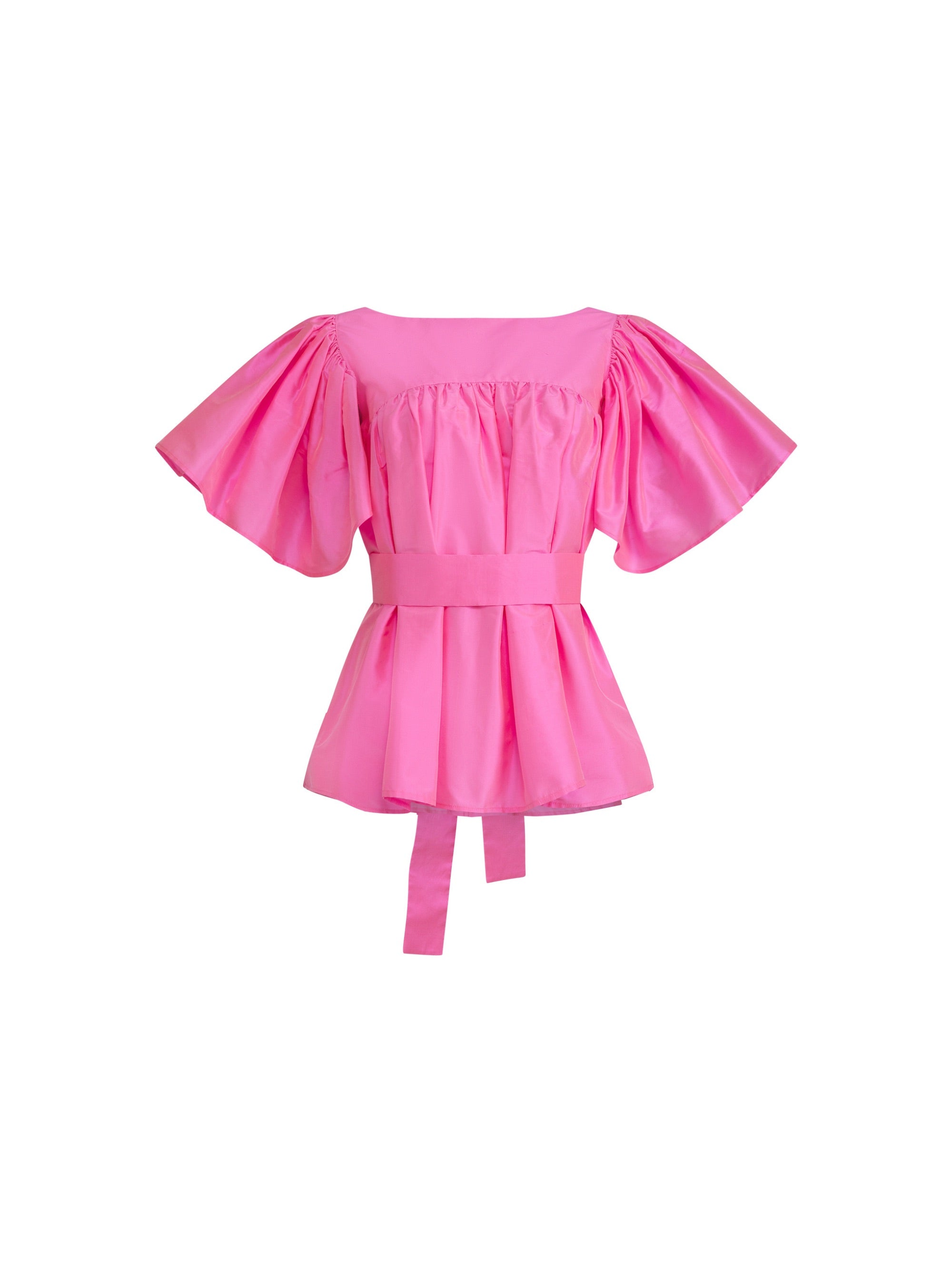 Weit geschnittene Bluse mit breitem Volantärmel und raffiniertem Rückenausschnitt aus pinken Dupionsilk, sowie versteckten Taschen in der Seitennaht. Zusätzlich mit breiten Gürtel zum Binden tragbar. Dieses Produkt ist Teil unserer Reborn Linie.