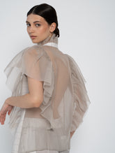 Bluse mit Organza-Volants auf Vorderseite, Schultern, Rücken und Kragen
