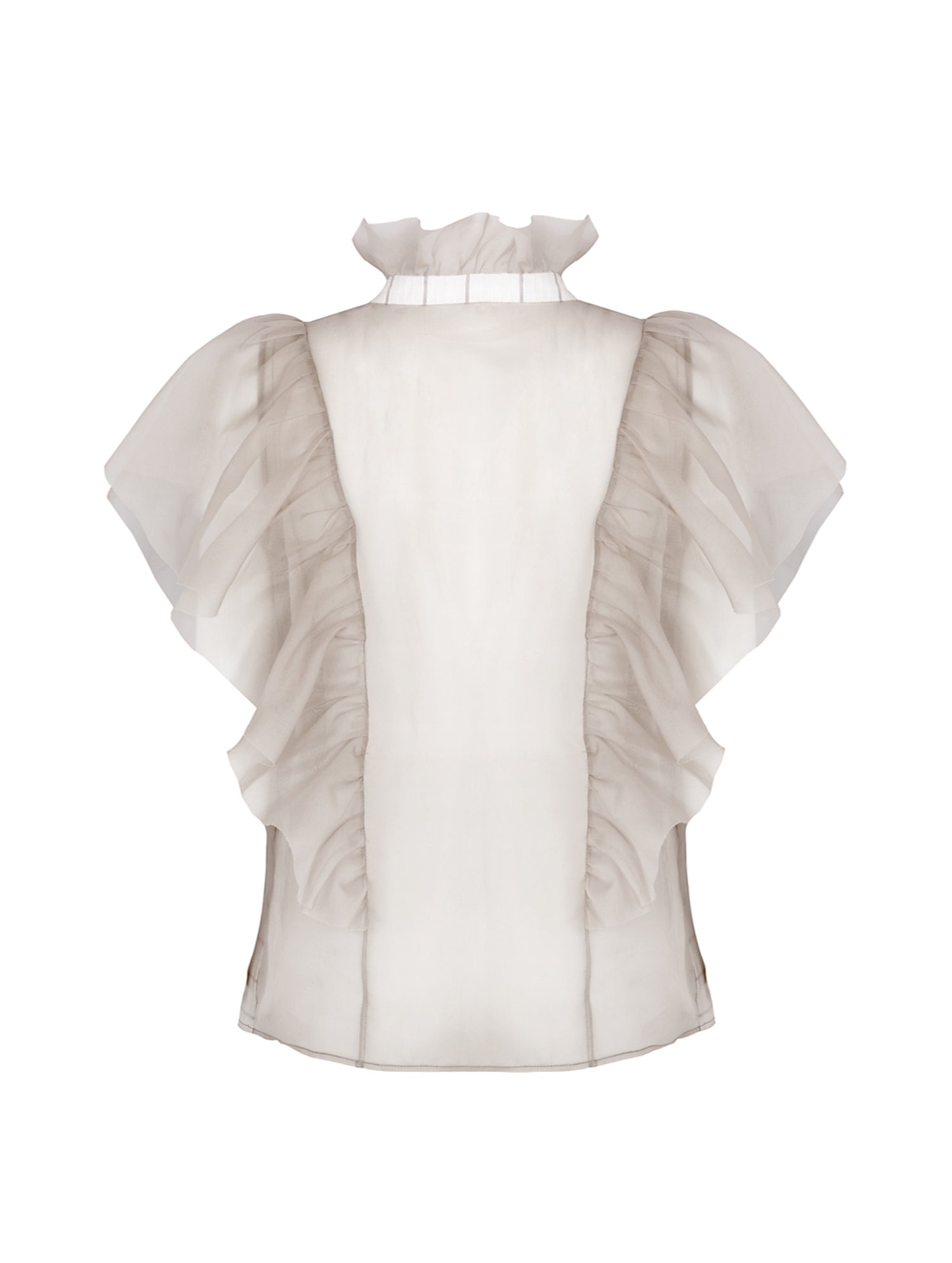 Bluse mit Organza-Volants auf Vorderseite, Schultern, Rücken und Kragen