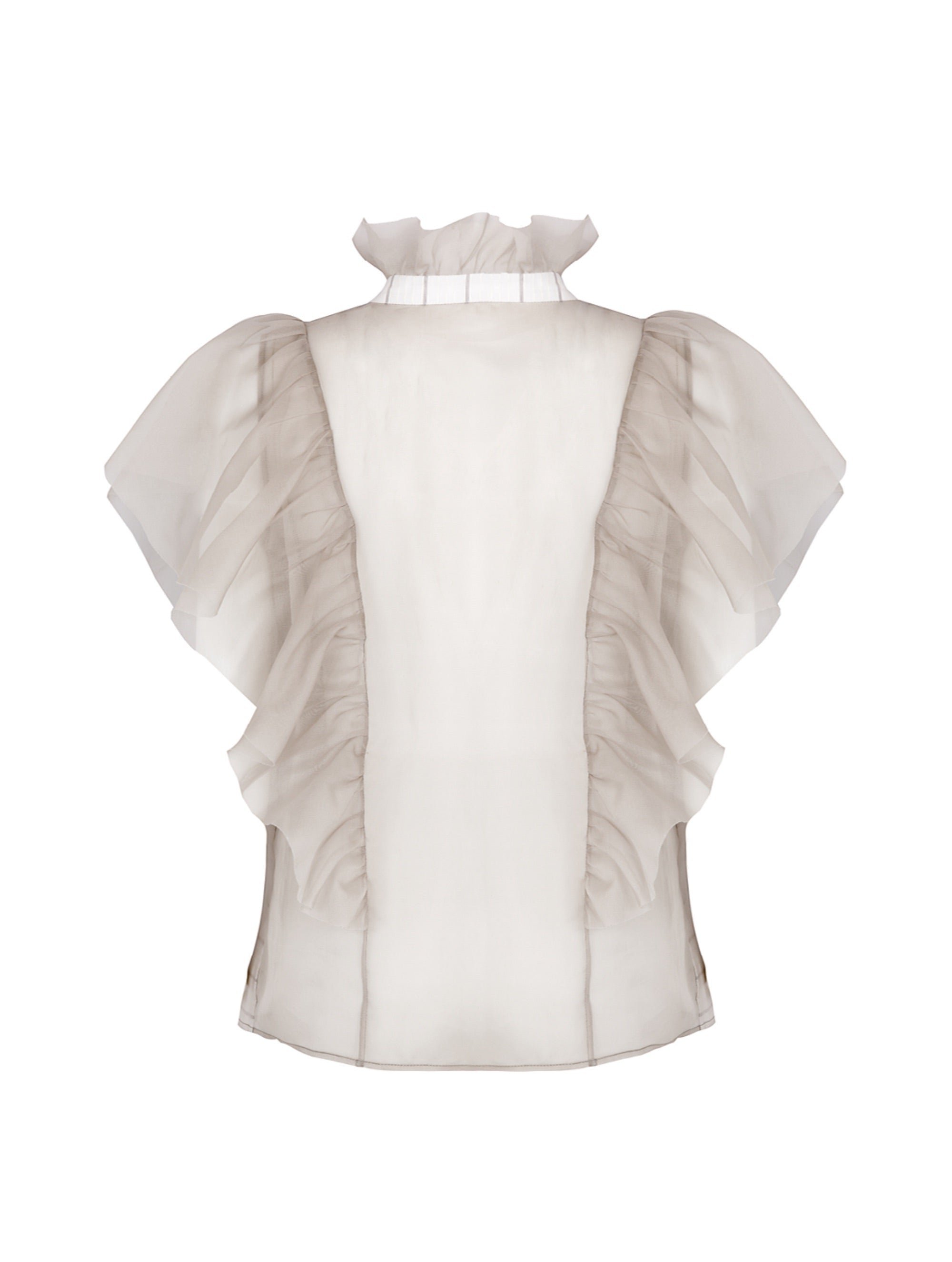 Bluse mit Organza-Volants auf Vorderseite, Schultern, Rücken und Kragen