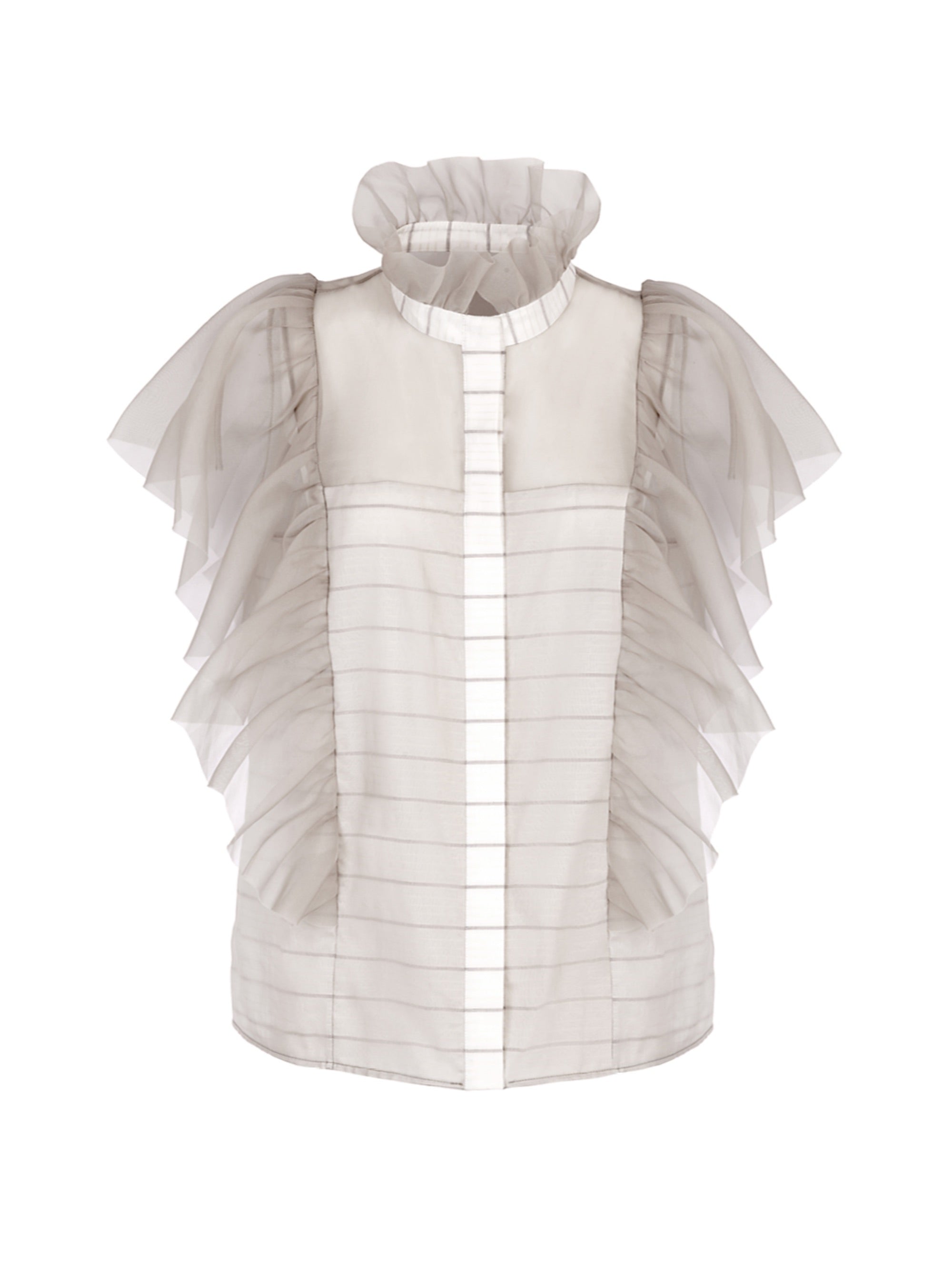 Bluse mit Organza-Volants auf Vorderseite, Schultern, Rücken und Kragen