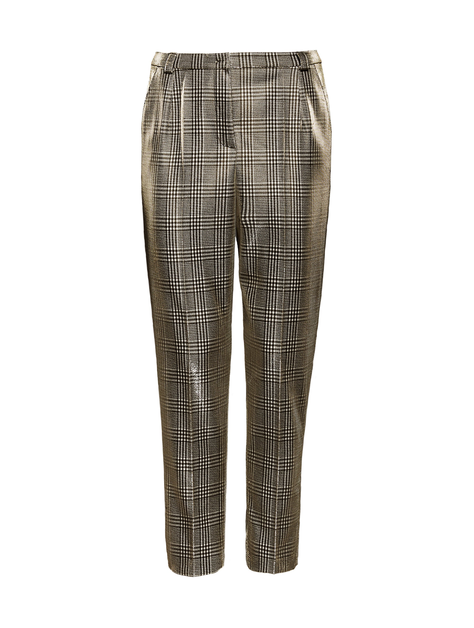 Bundfaltenhose gefertigt aus einer abgetragenen Tartanbahn und mit einem speziellen glänzenden Material beschichtet