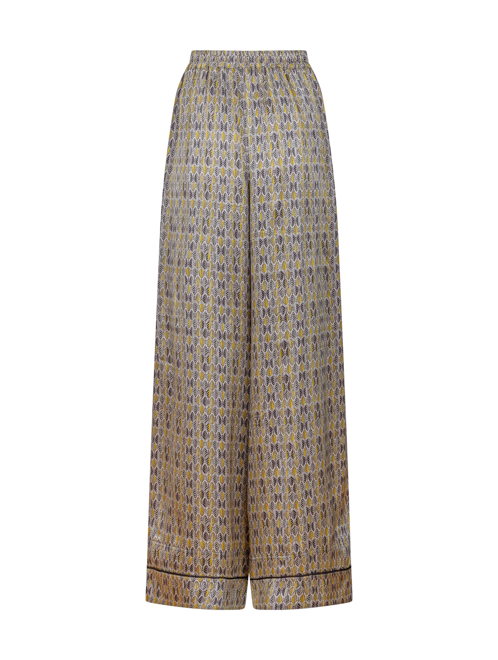 Bedruckte Satin-Seidenhose mit weitem Bein im Pyjama-Stil, elastischem Bund, Seitentaschen und schwarzen Paspeln. Hergestellt aus Naturfaser.