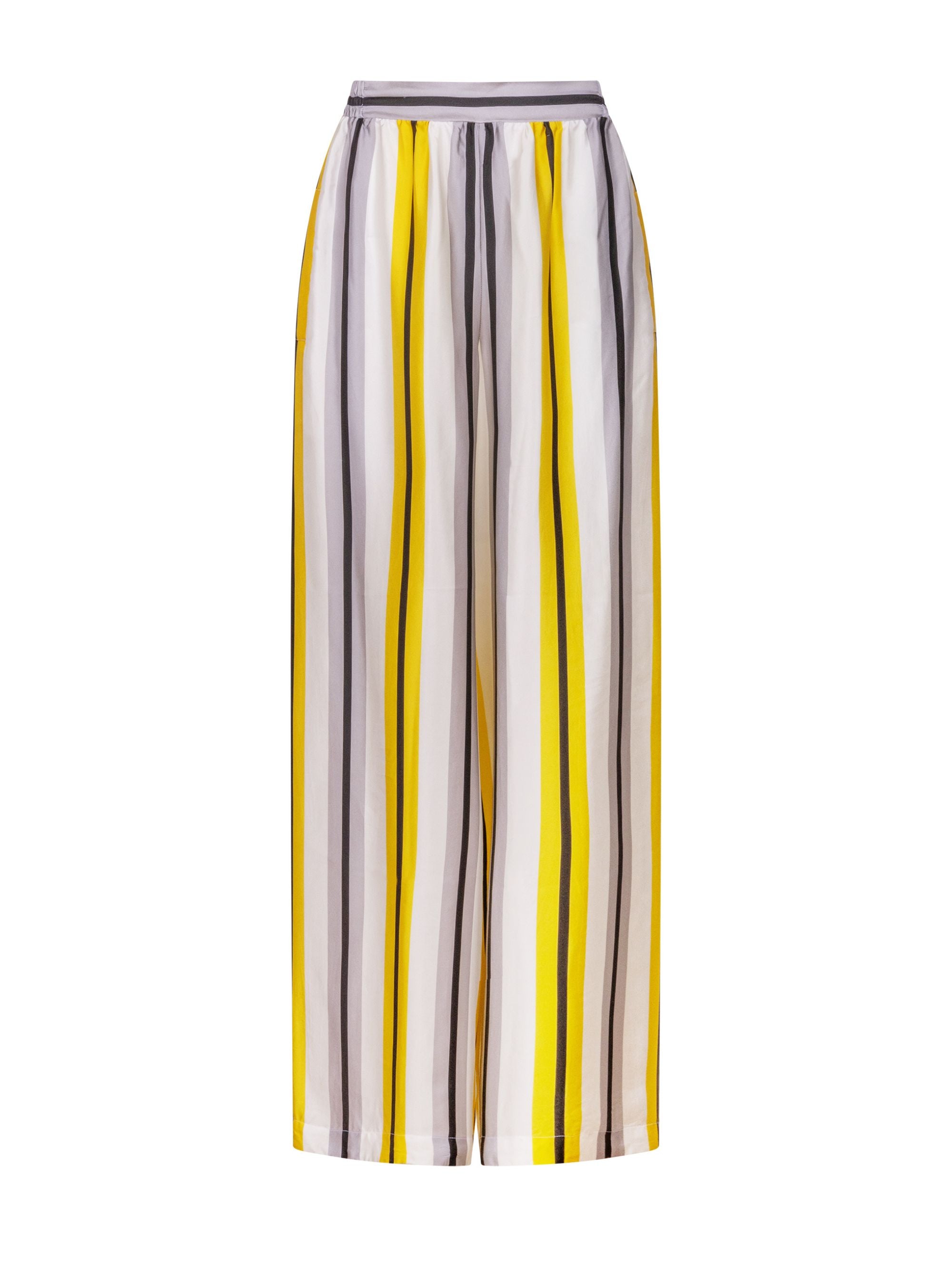 Bedruckte Satin-Seidenhose mit weitem Bein im Pyjama-Stil, elastischem Bund und Seitentaschen. Hergestellt aus Naturfasern.