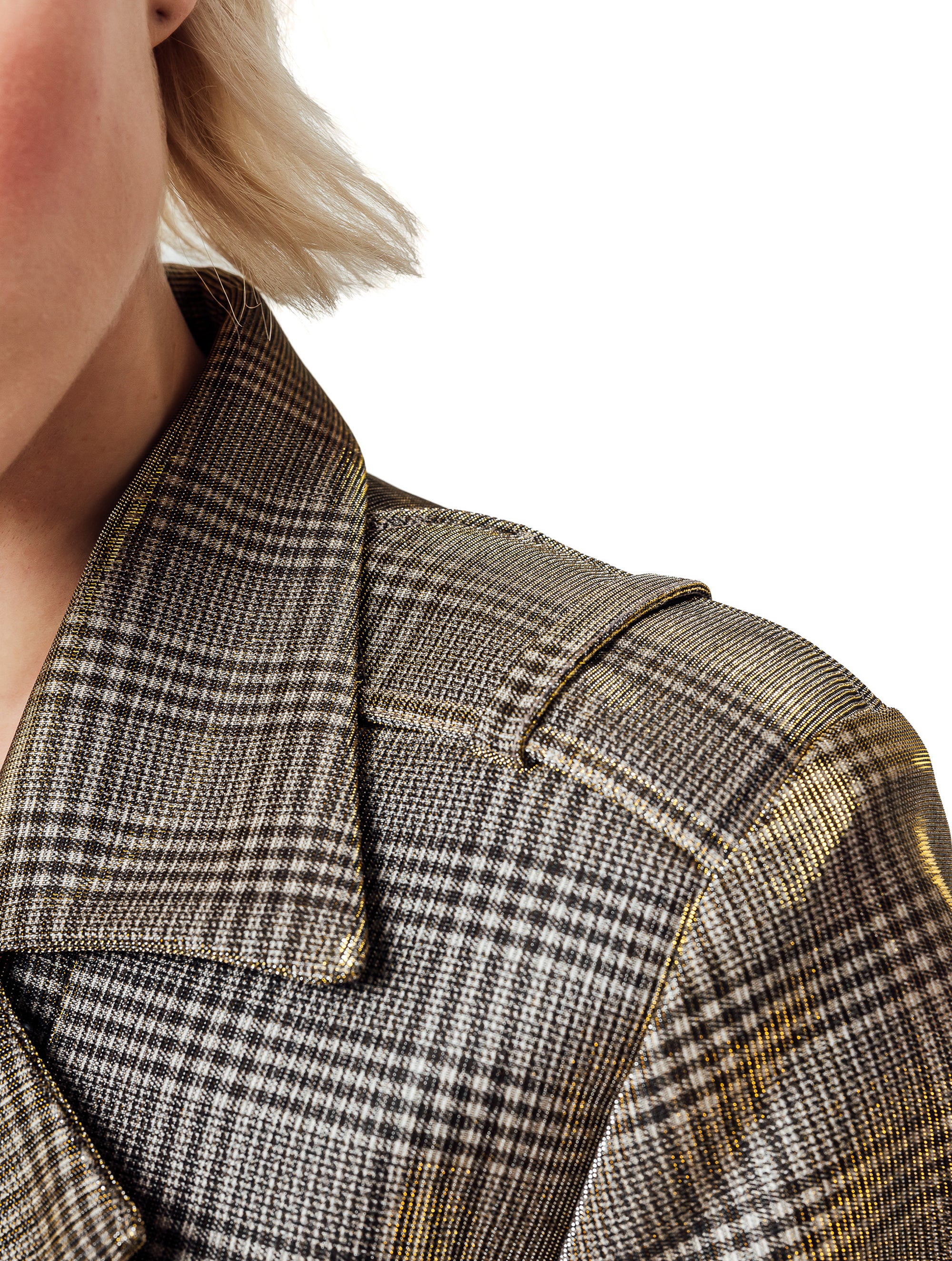 Karierte Kurzjacke mit großen Schulterpolstern, überschnittenen Ärmeln mit Ärmelgürteln und Schulterklappen. Dieses Modell ist Teil unserer REBORN-Kollektion und steht für unsere "Zero-Waste-Politik".