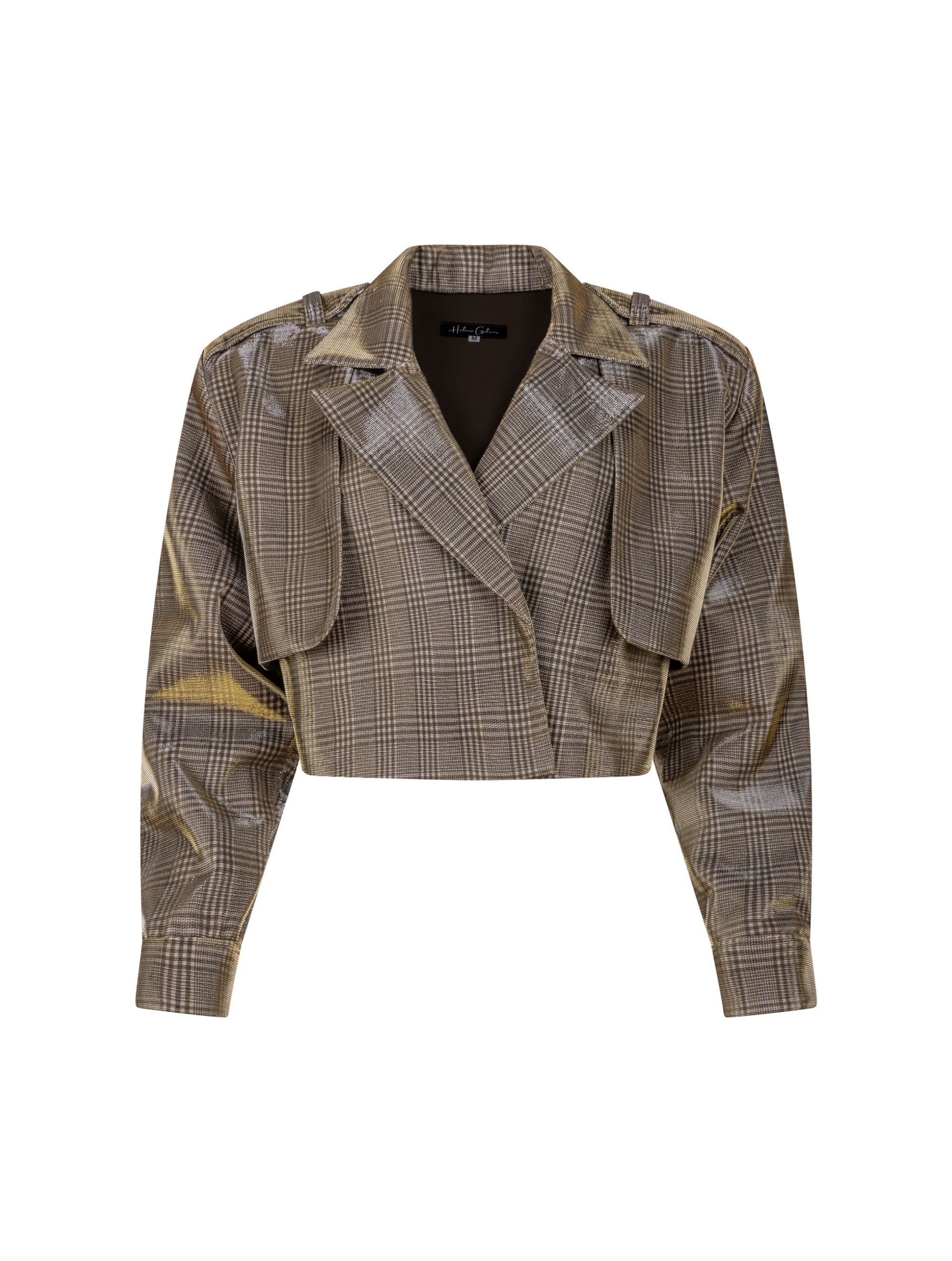 Karierte Kurzjacke mit großen Schulterpolstern, überschnittenen Ärmeln mit Ärmelgürteln und Schulterklappen. Dieses Modell ist Teil unserer REBORN-Kollektion und steht für unsere "Zero-Waste-Politik".