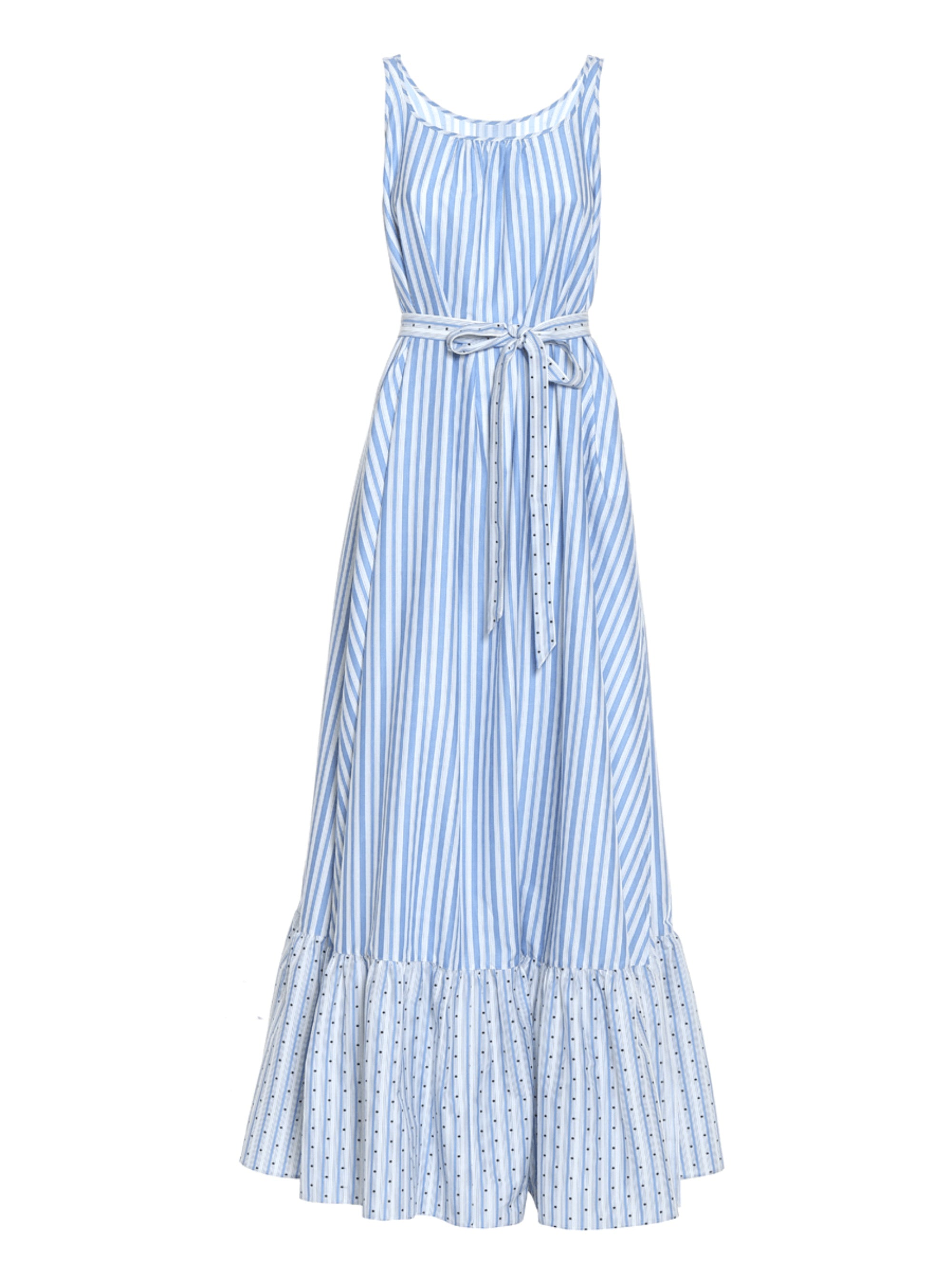 Maxikleid aus Premium-Baumwolle, schmalen Trägern, seitlichem Schlitz und einem charmanten Bindegürtel.