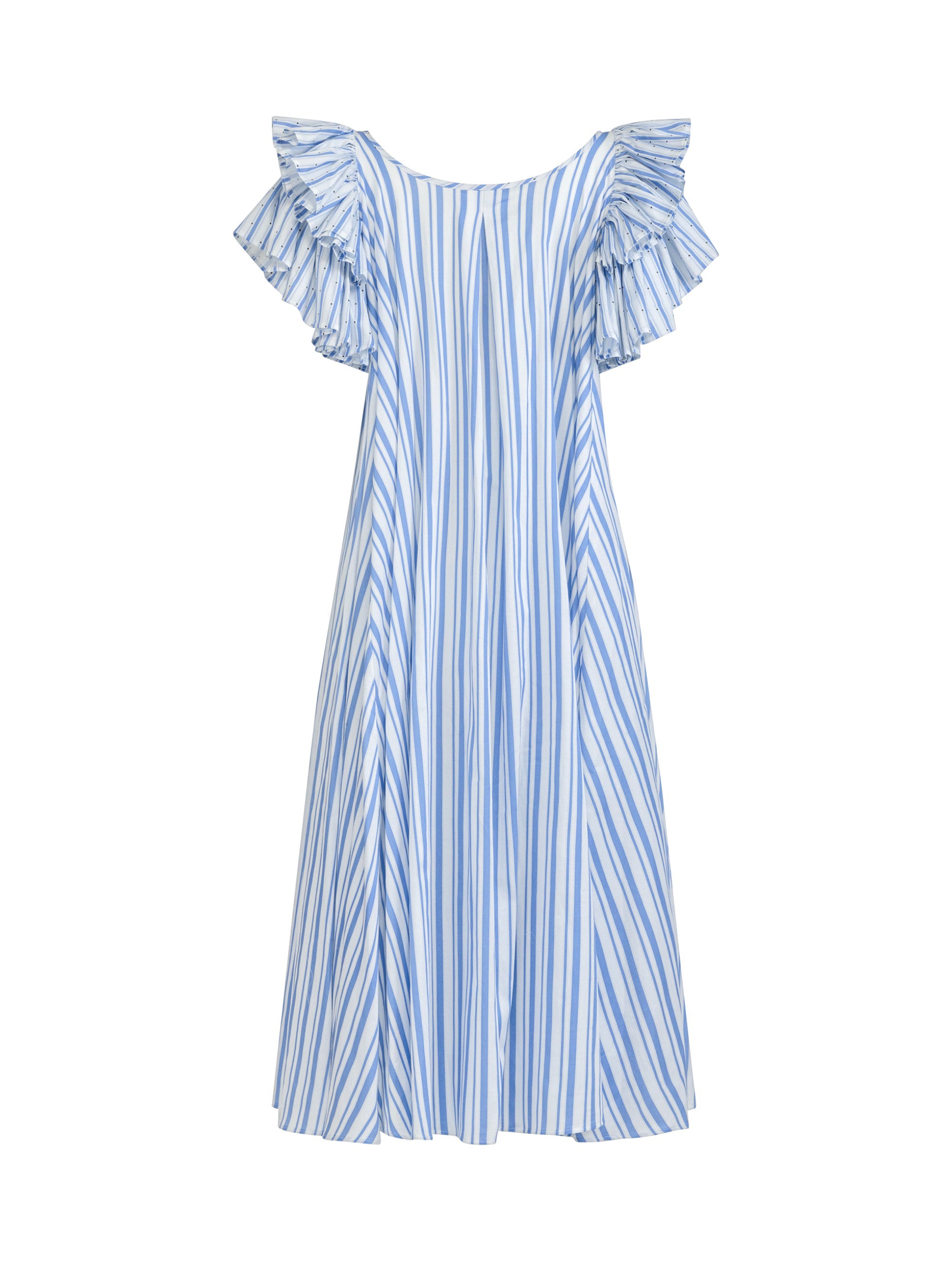 Weites Maxikleid aus unterschiedlich gestreifter Baumwolle mit mehrlagigen Volantärmel und hohen Seitenschlitzen, sowie seperaten Gürtel. Dieses Produkt ist Teil unserer Reborn Linie.