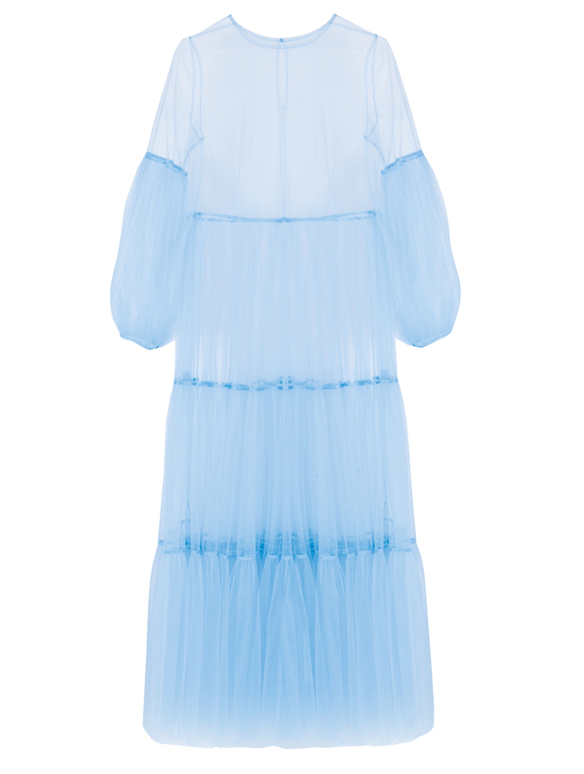 Hellblaues Maxikleid aus Tüll mit weitem Rock und Puffärmeln
