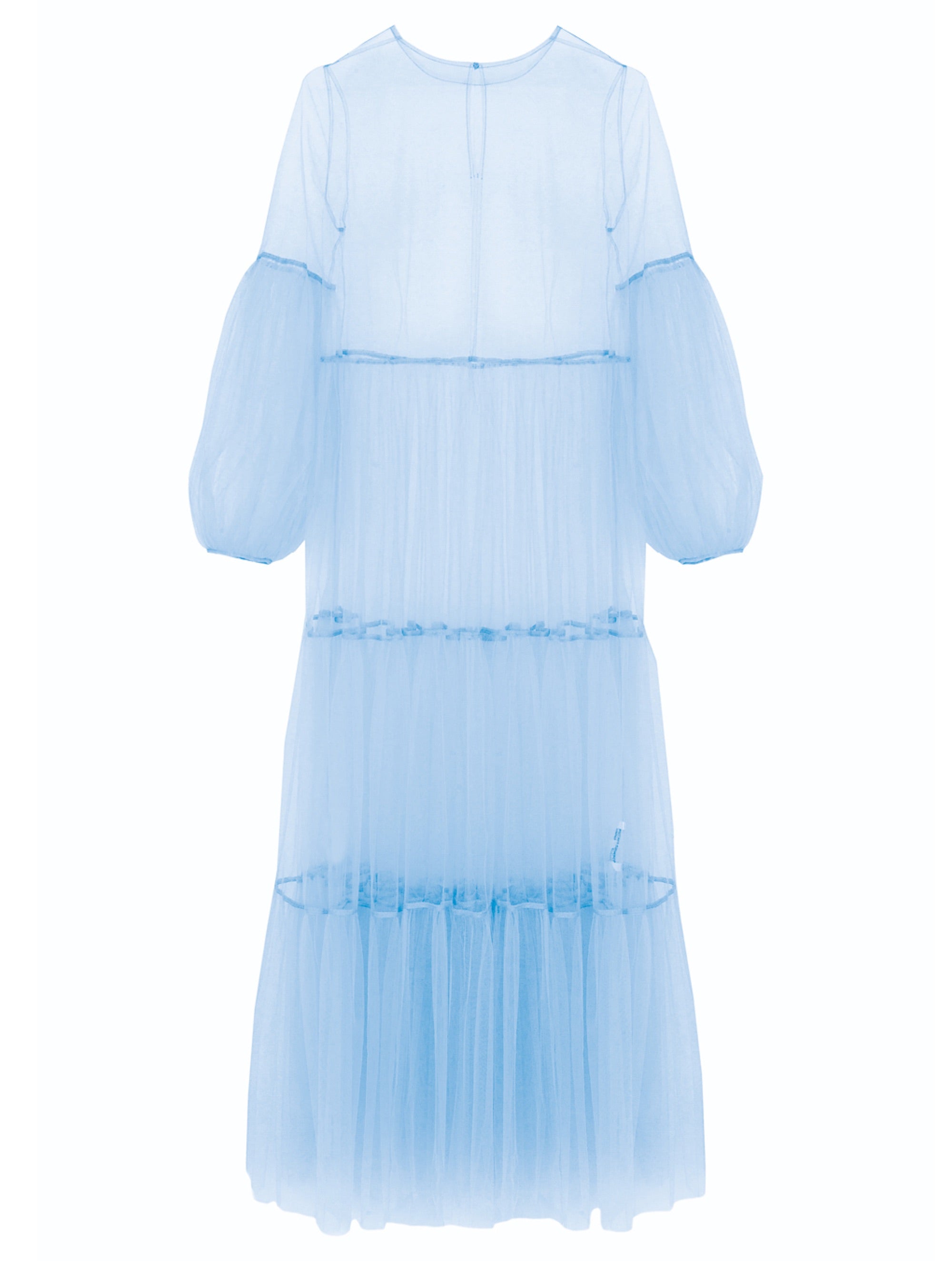 Hellblaues Maxikleid aus Tüll mit weitem Rock und Puffärmeln