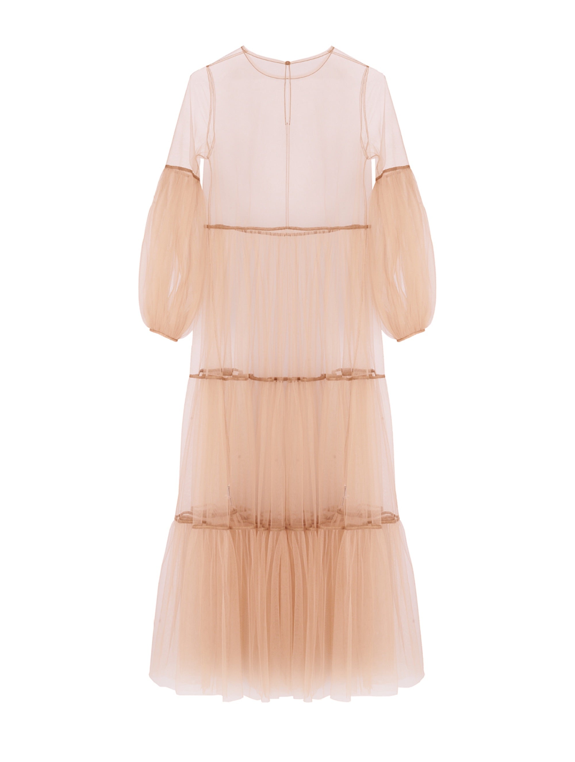 Maxikleid in Nude aus Tüll mit weitem Rock und Puffärmeln
