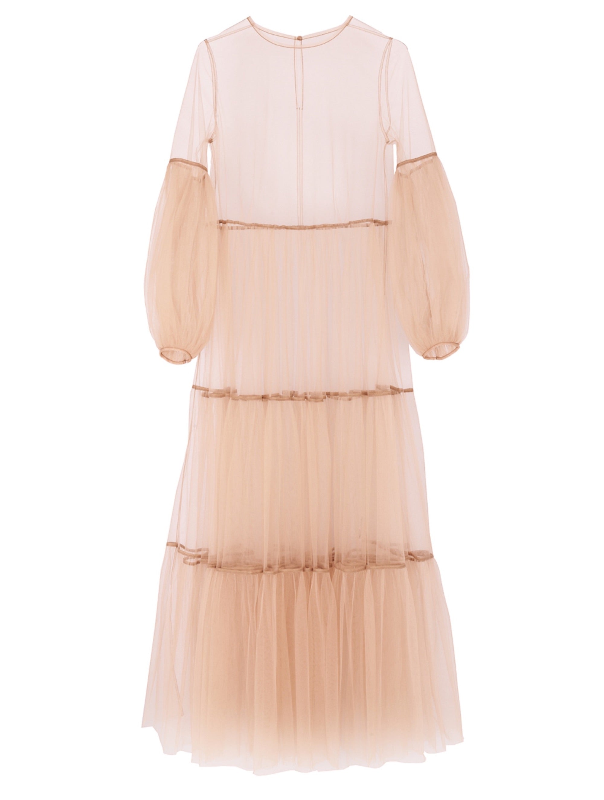 Maxikleid in Nude aus Tüll mit weitem Rock und Puffärmeln
