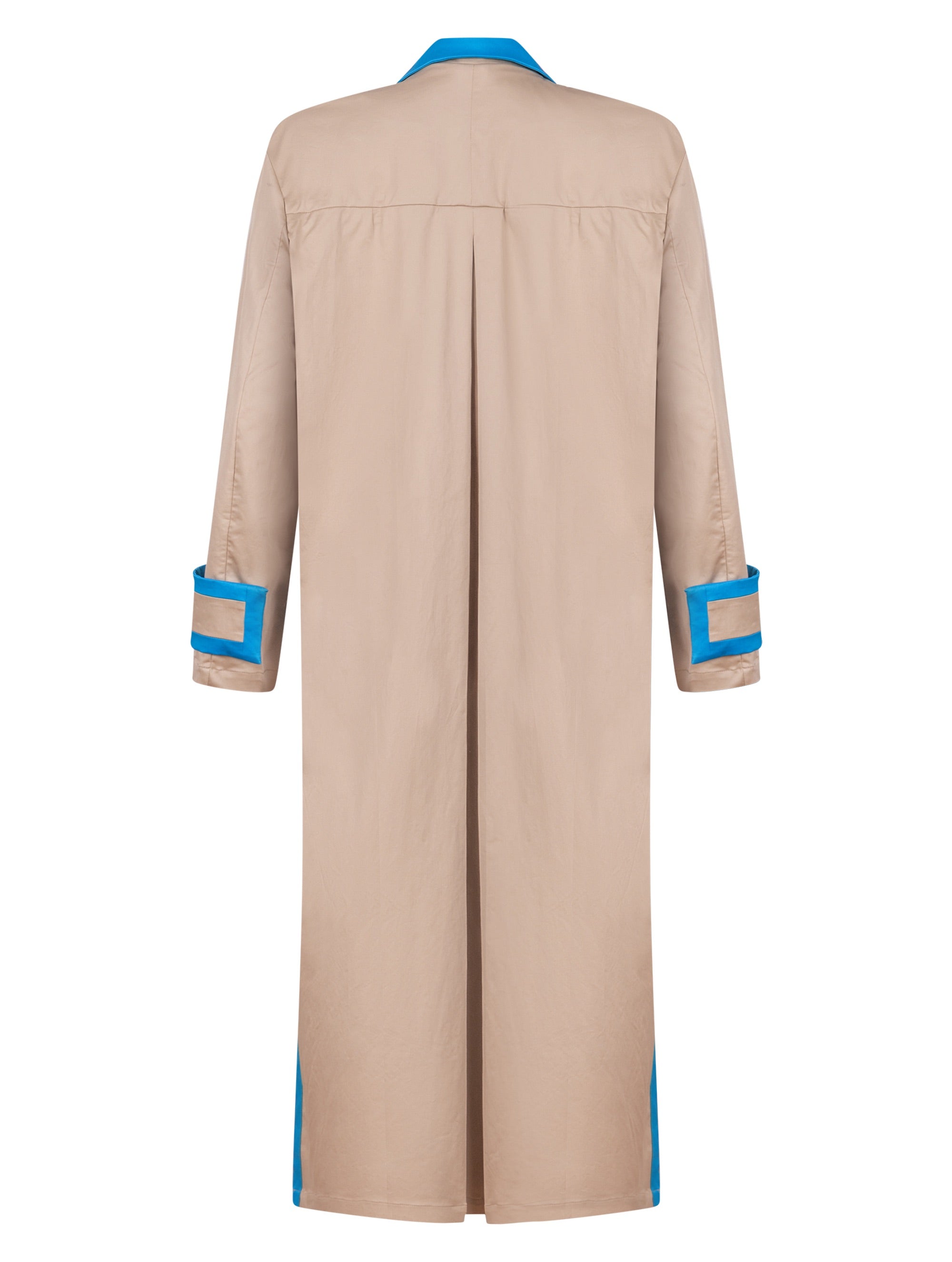Leichter Revers-Maximantel aus beiger Baumwolle mit hellblauen Details, hohen Seitenschlitzen und breiten Ärmelriegeln