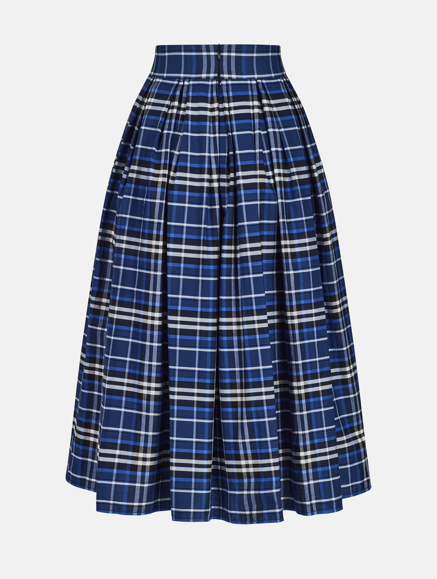 Weit ausgestellter Midirock aus karierter Baumwolle mit in Falten gelegtem und tailliertem Rockbund, versteckten Taschen in der Seitennaht, sowie einem Reißverschluß auf der Rückseite. Dieses Modell ist Teil unserer REBORN-Linie und steht für unsere "Zero-Waste-Politik", da mit Stoff aus einem Deadstock stammt.