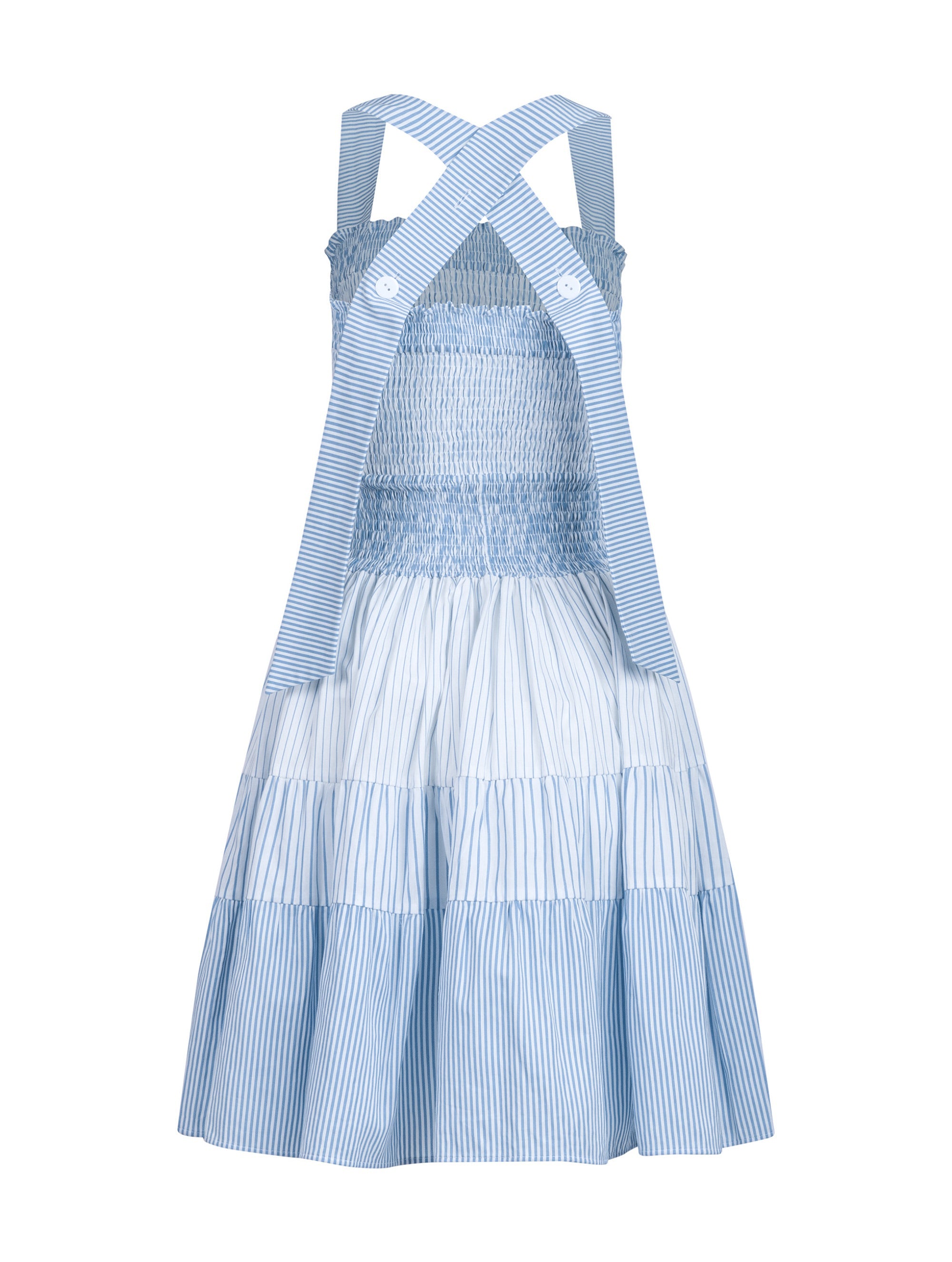 Ausgestelltes Midikleid, unterschiedlichen Stoffkomponenten mit elastischen Smocking im Oberteil, die breiten Träger können auf zwei unterschiedliche Weisen getragen werden, parallel oder überkreuzt durch 2 Köpfe auf der Rückseite. Reborn, da aus Katarina gemacht.