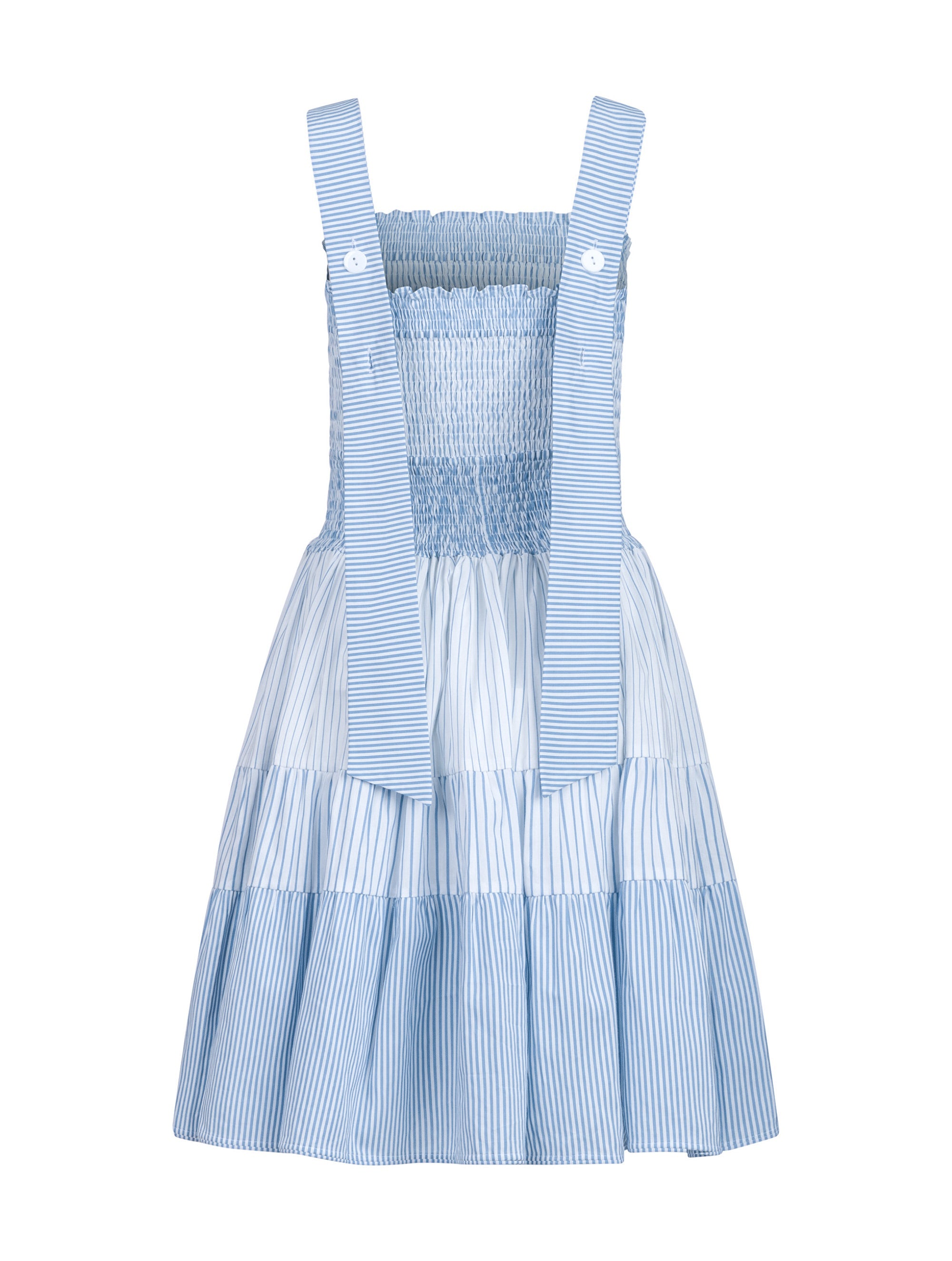 Ausgestelltes Midikleid, unterschiedlichen Stoffkomponenten mit elastischen Smocking im Oberteil, die breiten Träger können auf zwei unterschiedliche Weisen getragen werden, parallel oder überkreuzt durch 2 Köpfe auf der Rückseite. Reborn, da aus Katarina gemacht.