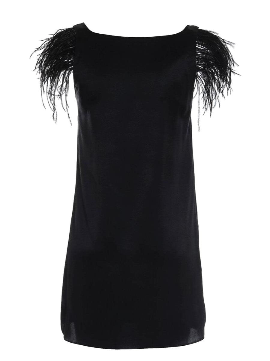 Ärmelloses Mini-Kleid aus hochwertiger Seide mit abnehmbaren Straussenfedern am Arm