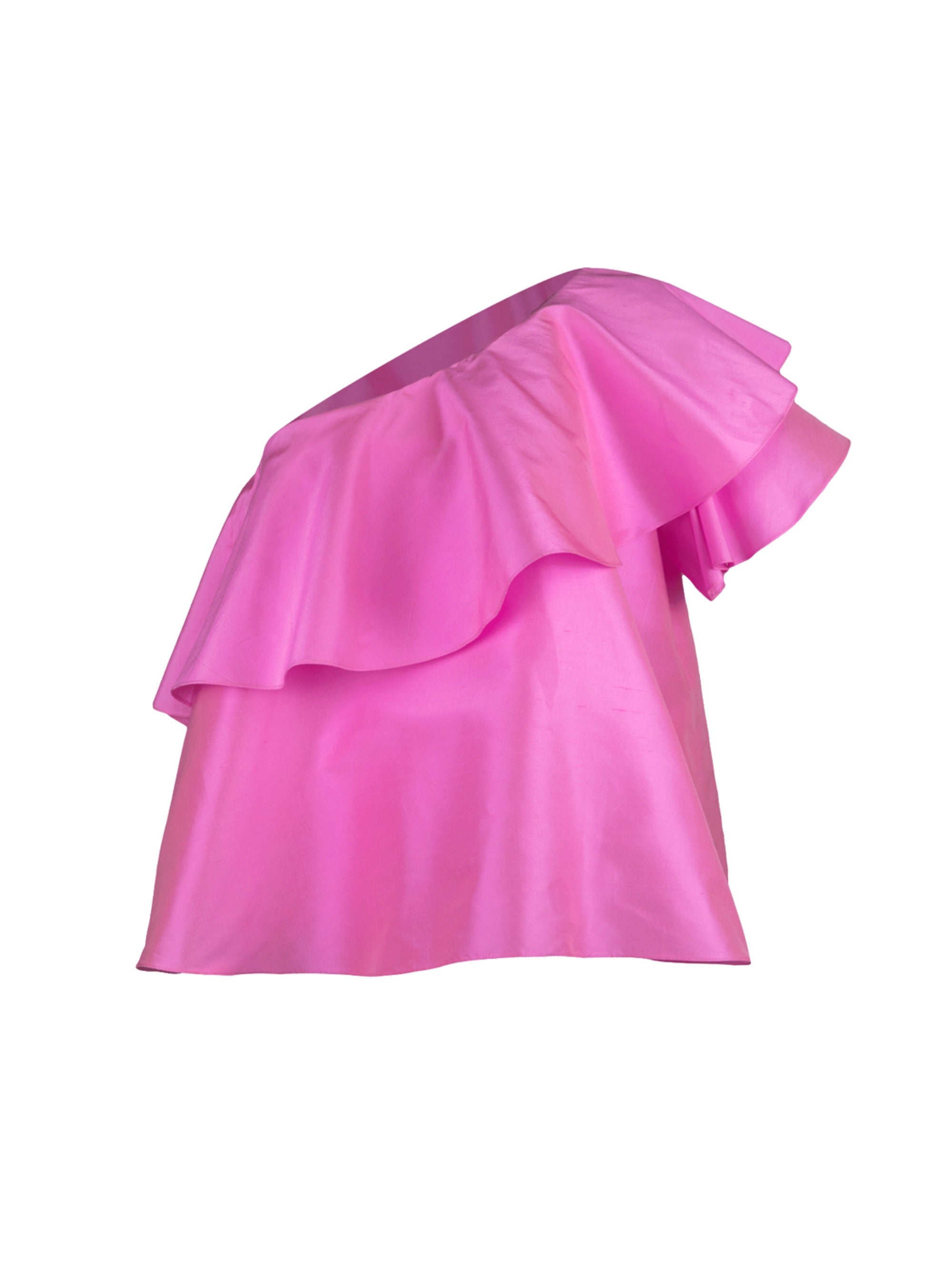 One-Shoulder Top aus 100% Dupionseide, breiten Volants am Ausschnitt und den Ärmeln sowie versteckten Taschen in den Seitennähten