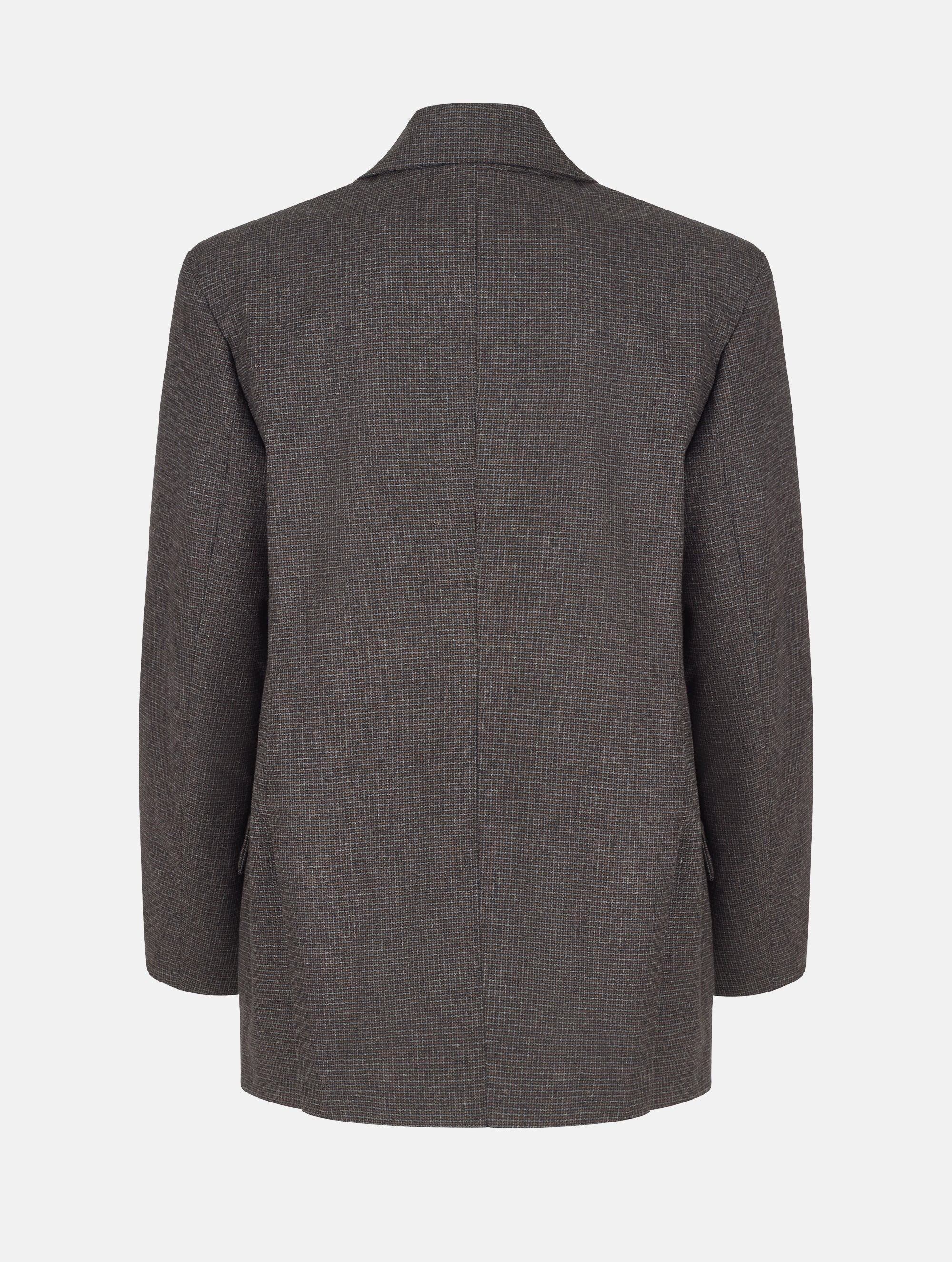 Oversize-Blazer mit breitem Revers, großen Schulterpolstern und überschnittenen Ärmeln sowie zwei Seitenschlitzen auf der Rückseite. Dieses Modell ist Teil unserer REBORN-Linie und steht für unsere "Zero-Waste-Politik", da mit Stoff aus Altbestand gefertigt.