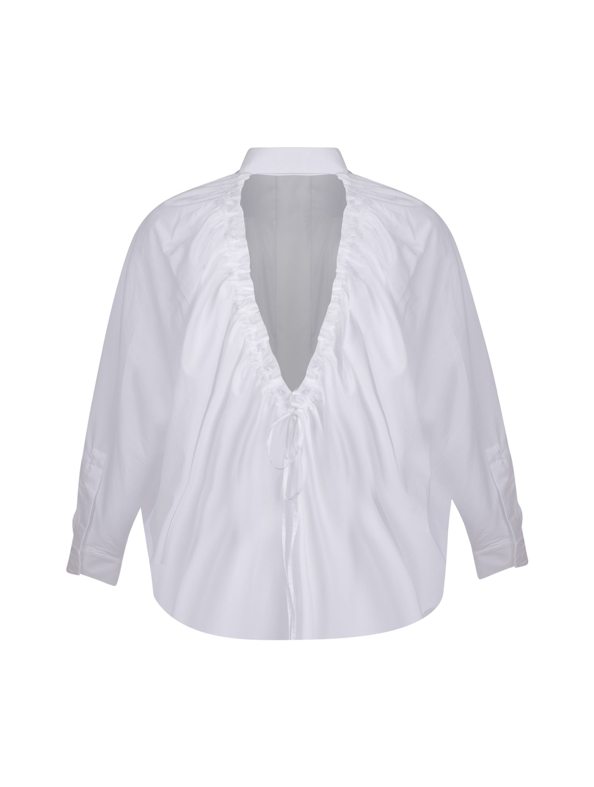 Weites Oversizebluse, sophisticated Look durch den ausgefallenen Rückenauschnitt, der sich verstellen lässt, sodass man die Tiefe des Rückenausschnitts anpassen kann, Lange Ärmel mit klassischen Hemdmanschetten und Kragen.