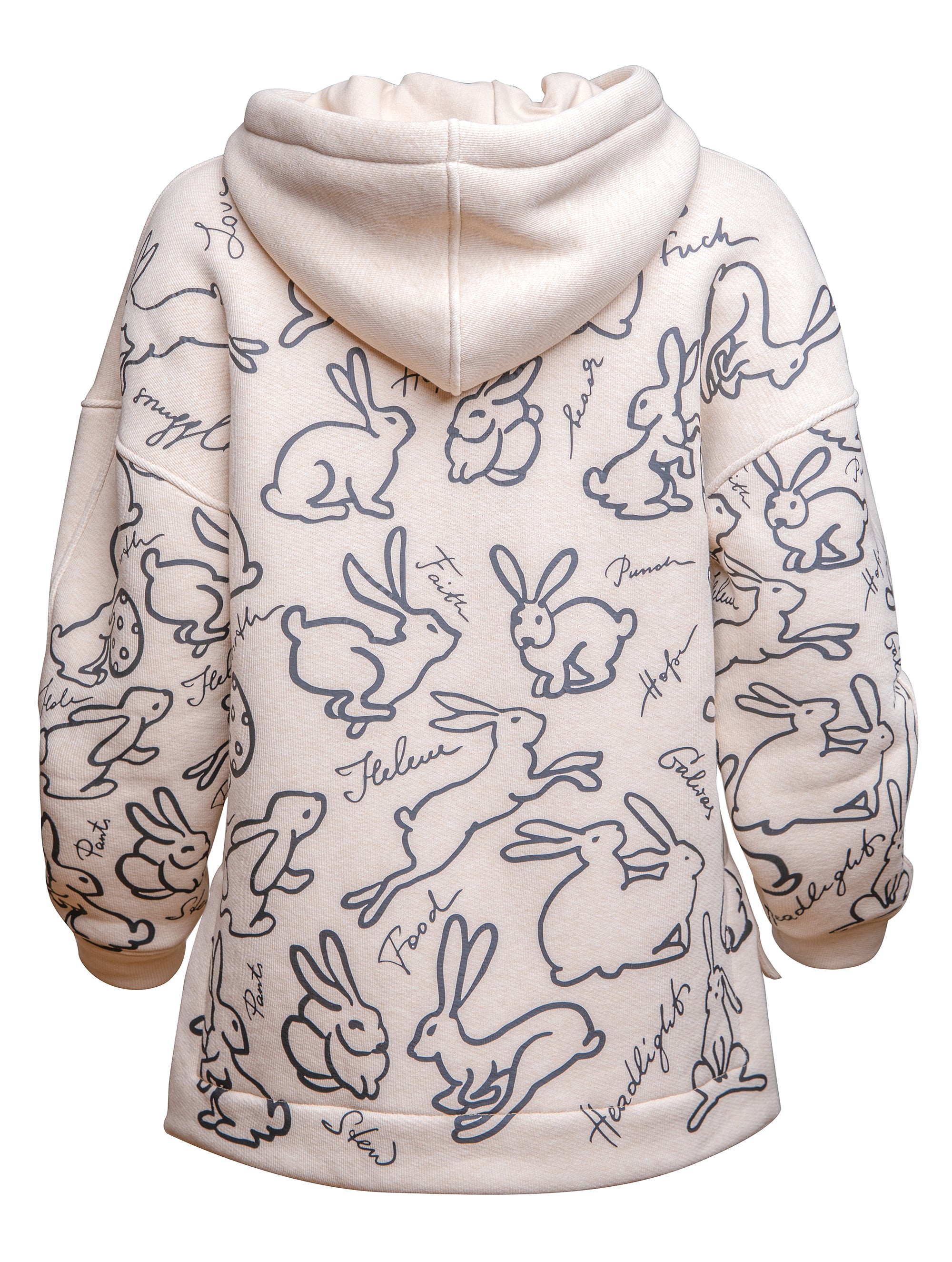Bequemer Oversize-Hoodie aus schwerer Baumwolle mit Kängurutasche mit asymmetrischem Saum und Hasen Print.