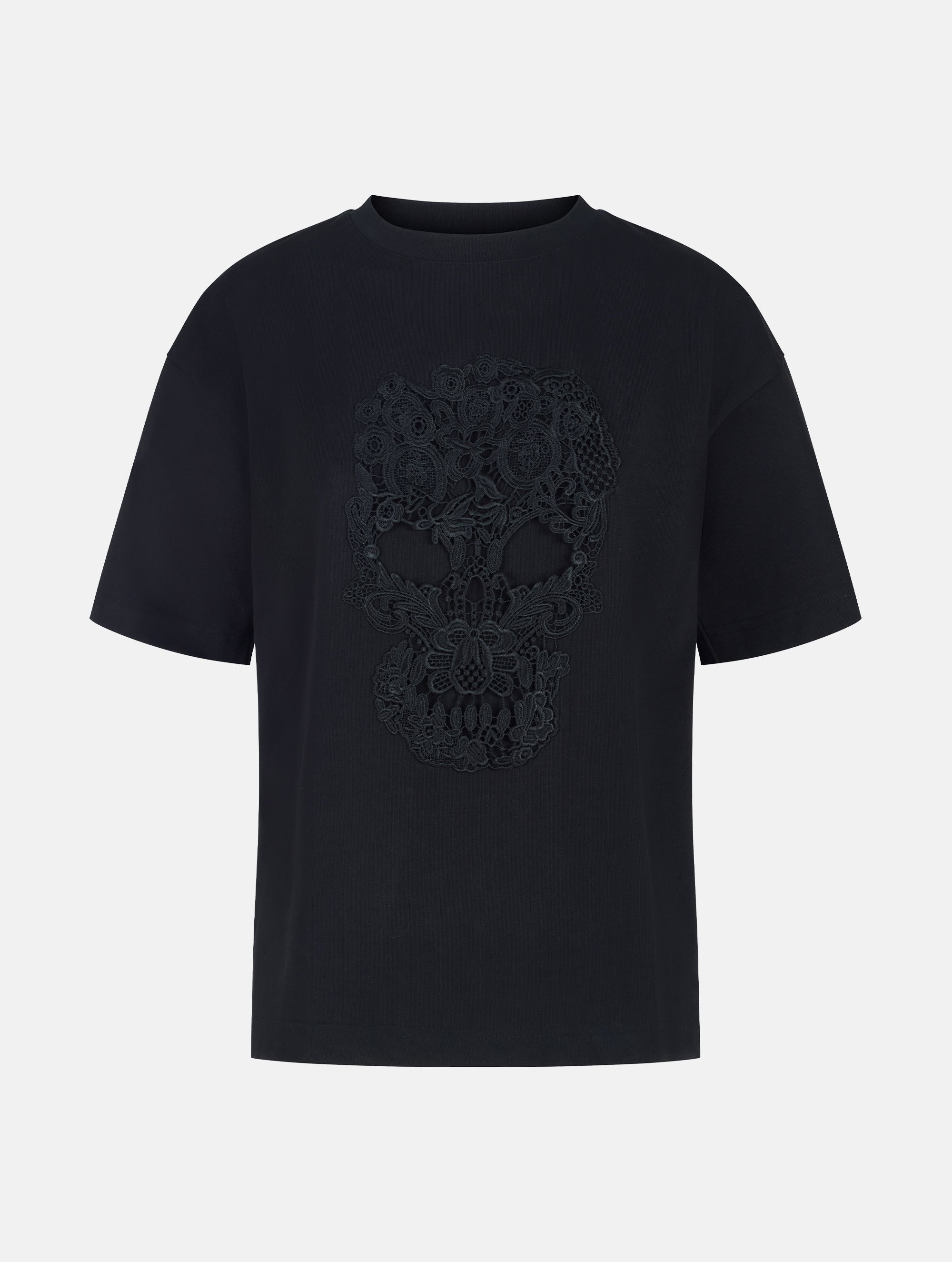 Grade geschnittenes Oversize T-Shirt aus Heavy Jersey mit Totenkopf-Stickerei Applikation.