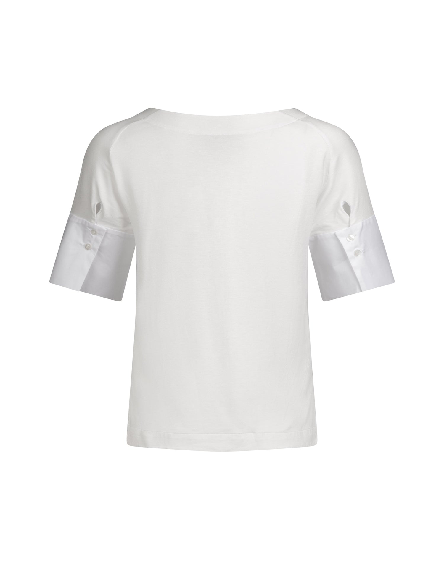 Jersey-T-Shirt mit Bateau-Ausschnitt, Seitenschlitzen und Bündchendetails aus weißer Baumwolle. Dieses Modell ist Teil unserer REBORN-Kollektion und steht für unsere "Zero-Waste-Politik".