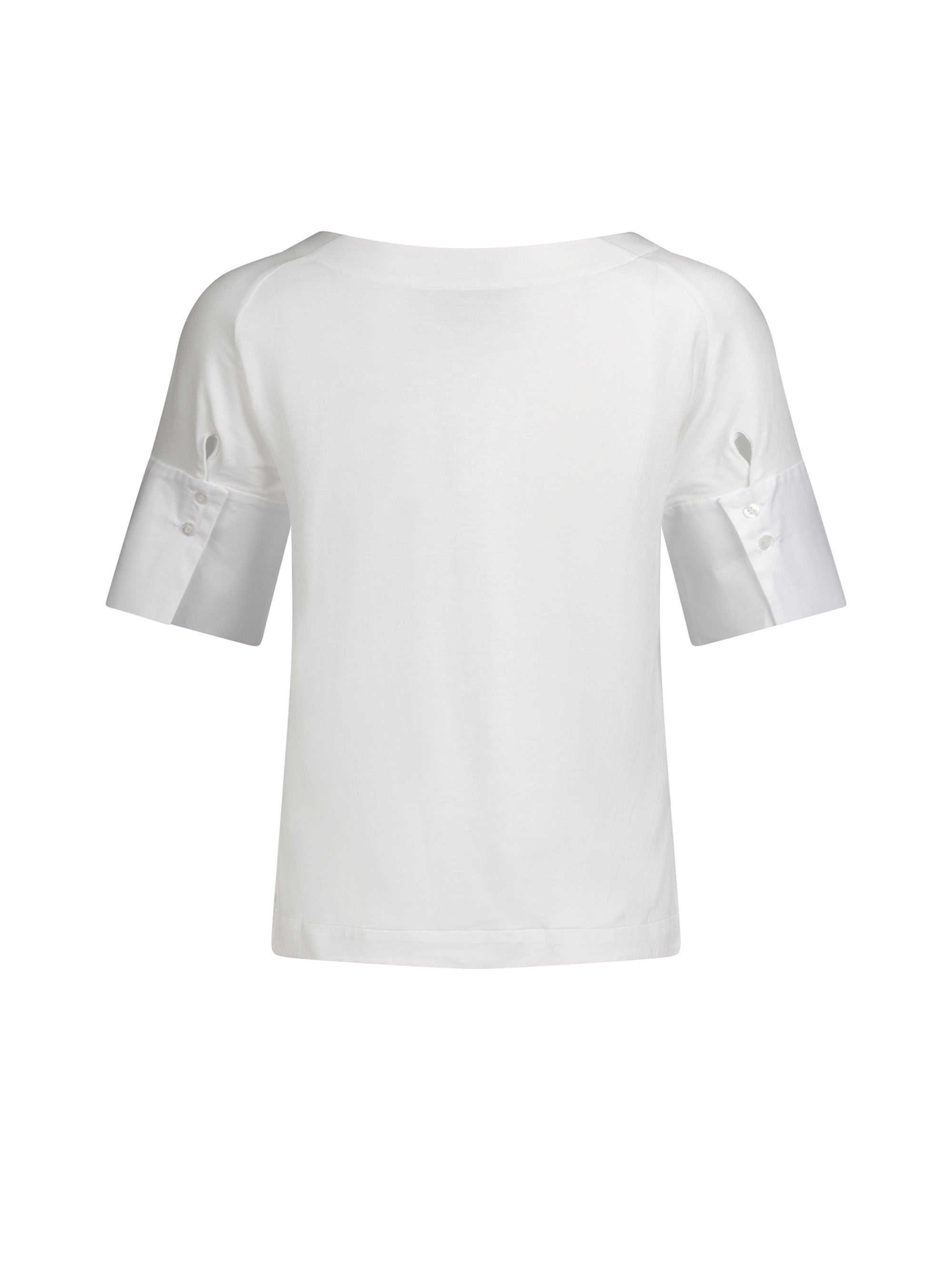 Jersey-T-Shirt mit Bateau-Ausschnitt, Seitenschlitzen und Bündchendetails aus weißer Baumwolle. Dieses Modell ist Teil unserer REBORN-Kollektion und steht für unsere "Zero-Waste-Politik".