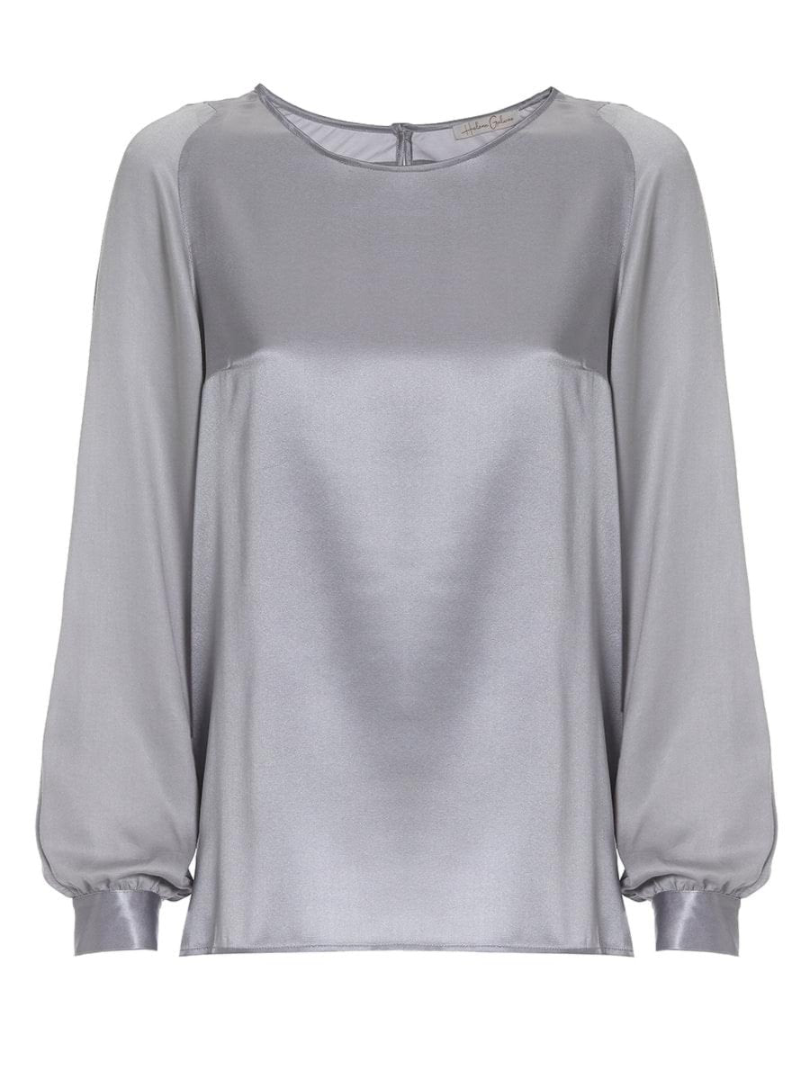 Langarm Seidenbluse mit Rundhalsausschnitt und Knopf im Nackenbereich