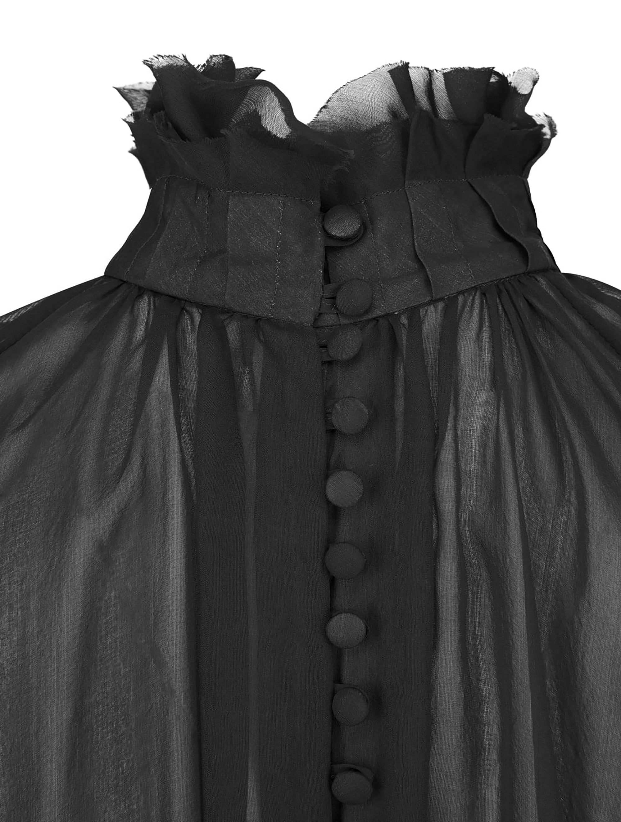 Wunderschöne Bluse aus edler, transparenter italienischer Seide, aufwendig angefertigte Rüschen am Kragen sowie handbezogene Knöpfe und von Hand gerissene Kanten