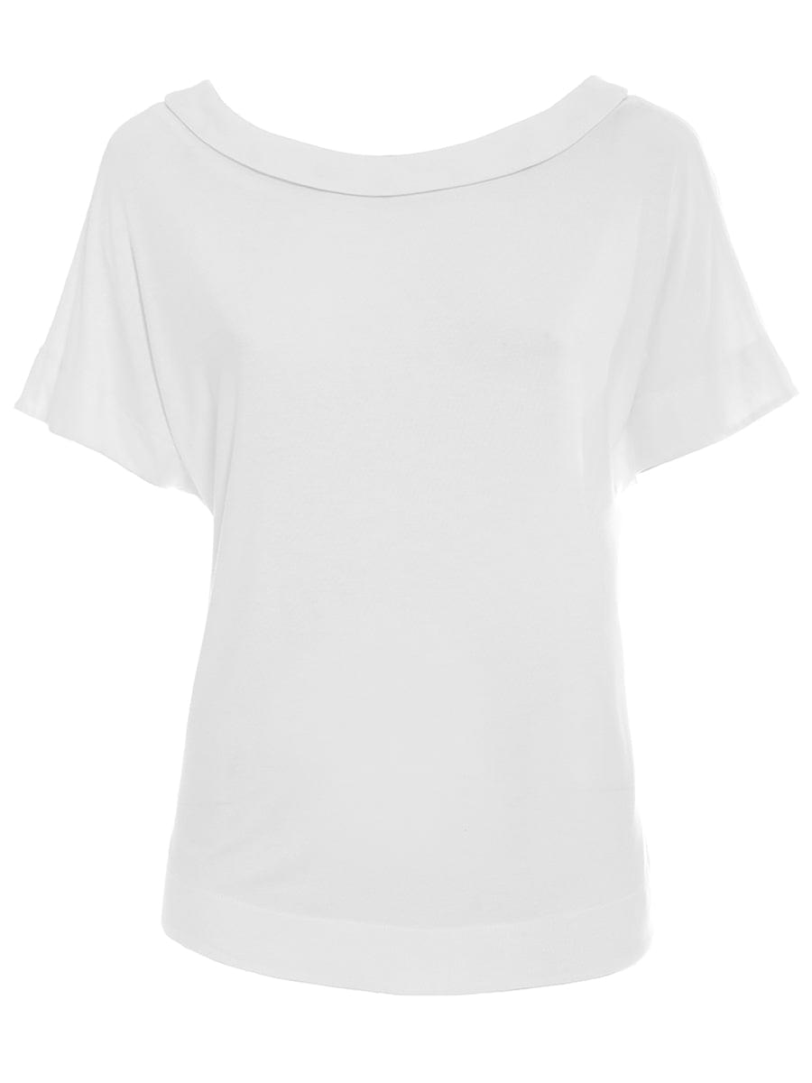T-Shirt mit Rückenausschnitt aus feinster Viskose und abnehmbaren Federn am Halsausschnitt