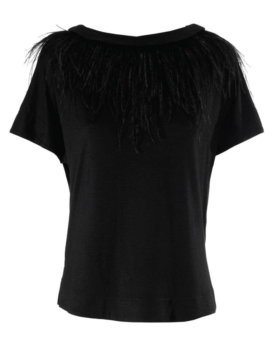 T-Shirt mit Rückenausschnitt aus feinster Viskose und abnehmbaren Federn am Halsausschnitt