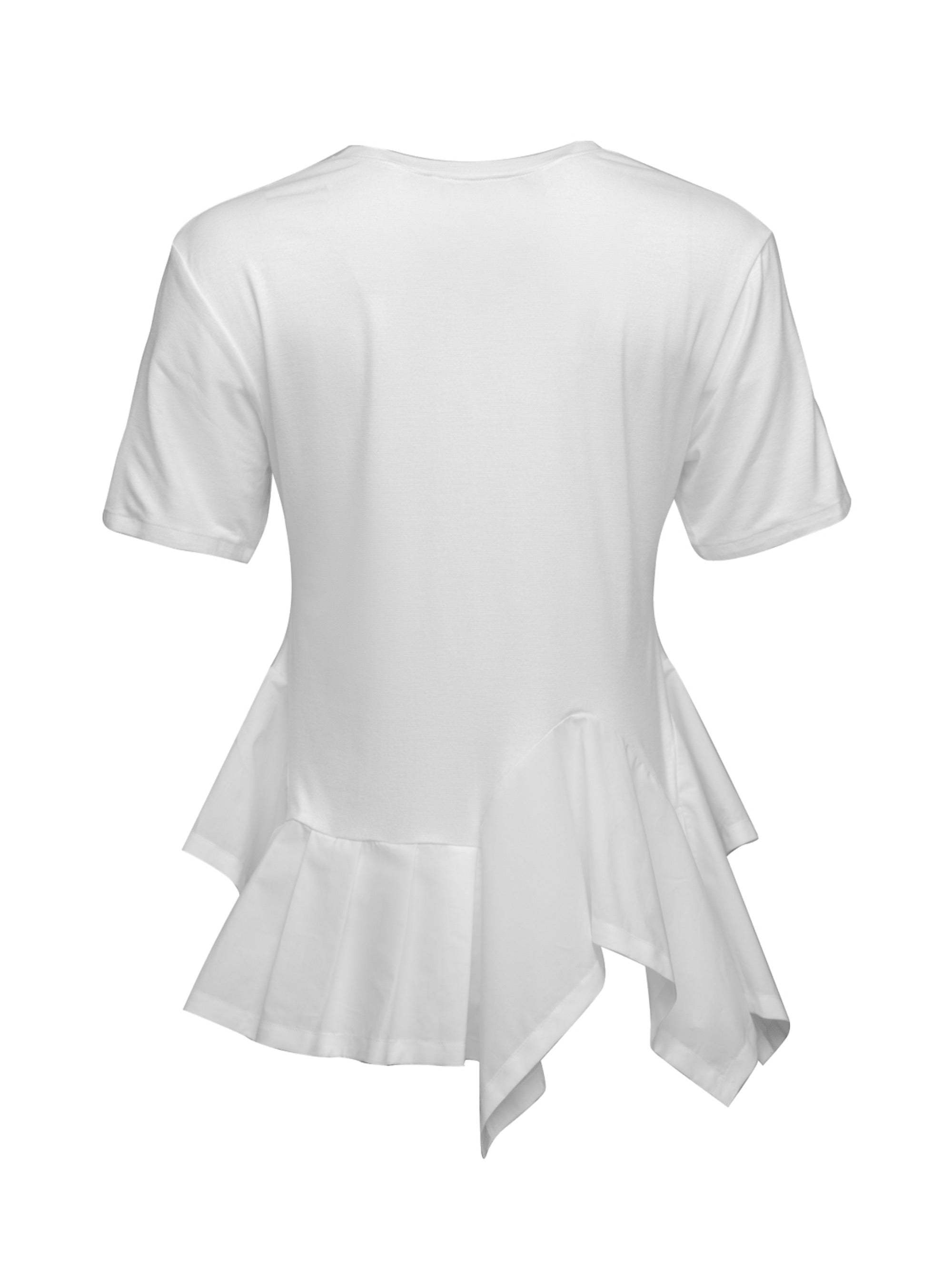 T-Shirt aus hochwertiger Premium Baumwolle, Rundhalsausschnitt sowie breite und unregelmäßige Volants am Saum