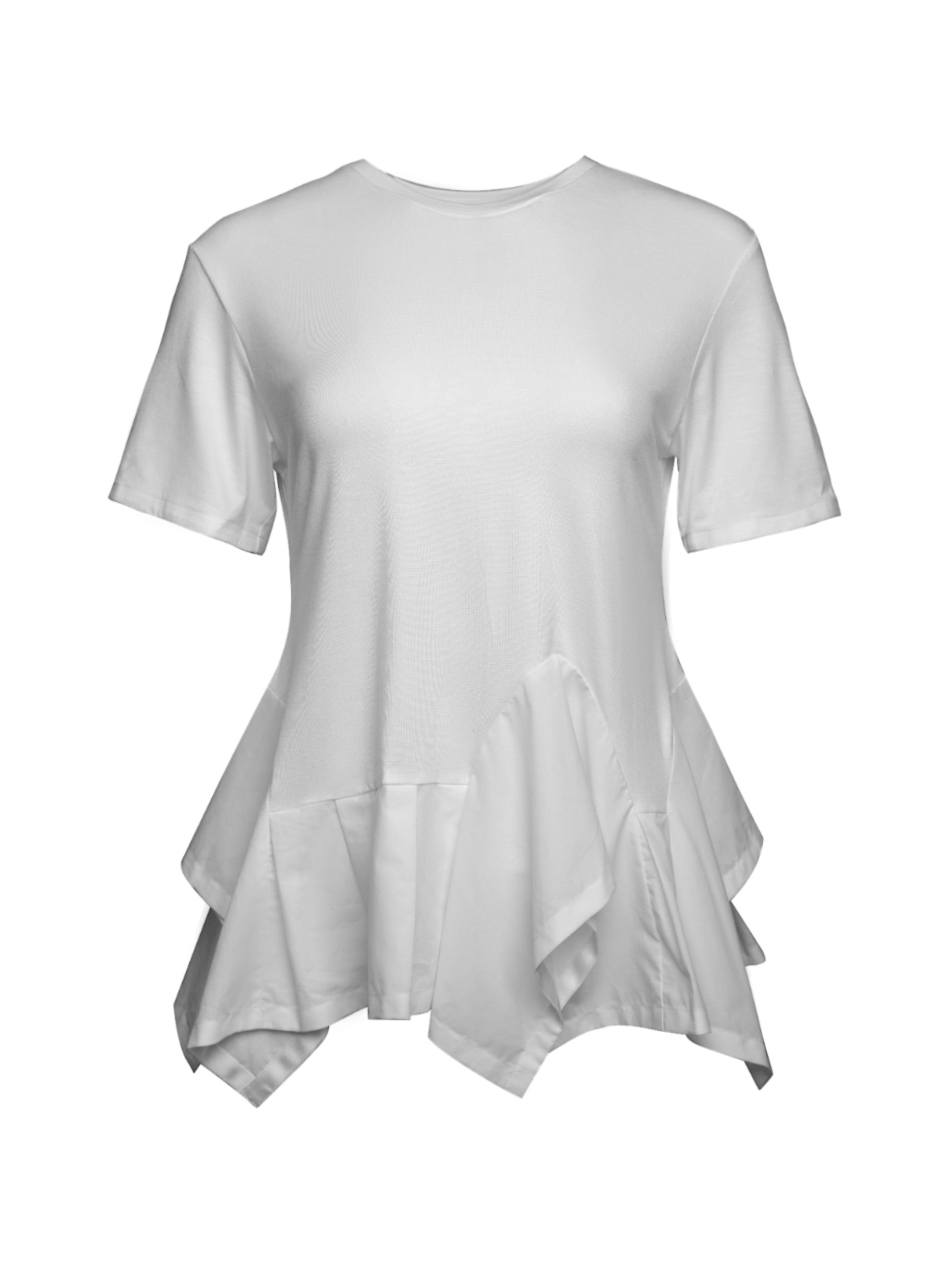 T-Shirt aus hochwertiger Premium Baumwolle, Rundhalsausschnitt sowie breite und unregelmäßige Volants am Saum