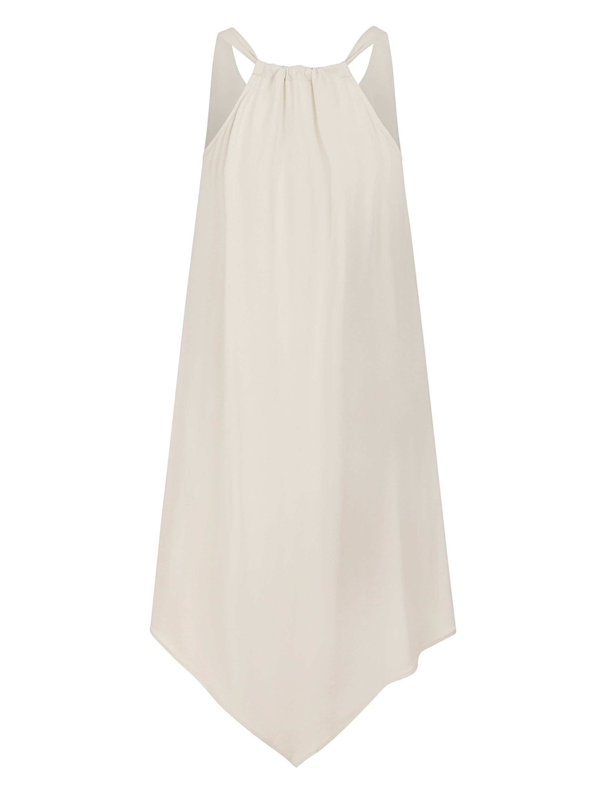 Zeitloses Trägerkleid aus fließender Satinseide mit tiefem V-Ausschnitt und spitz zulaufend für eine raffinierte Silhouette.