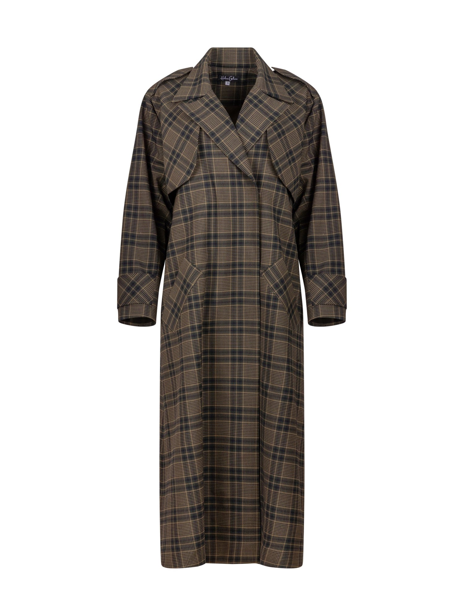 Karierter Maxi-Trenchcoat mit Gürtel und angesetzten Ärmeln mit Ärmelgürteln, sowie Schulterklappen.