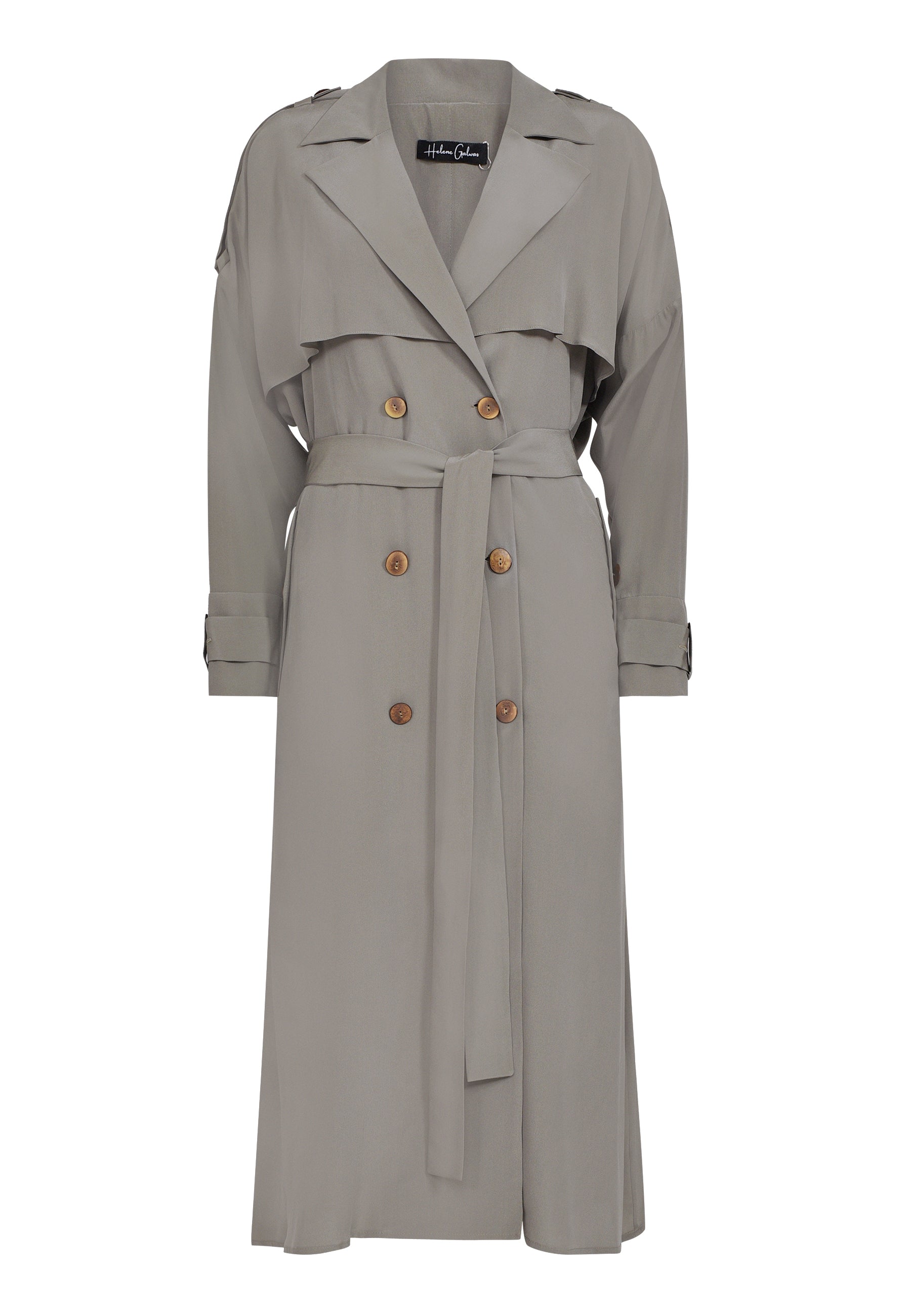 Doppelreihiger Trenchcoat aus 100% Seide, mit Schulter -und Rückencoller und extralangen Schulter- und Manschettenriegel.