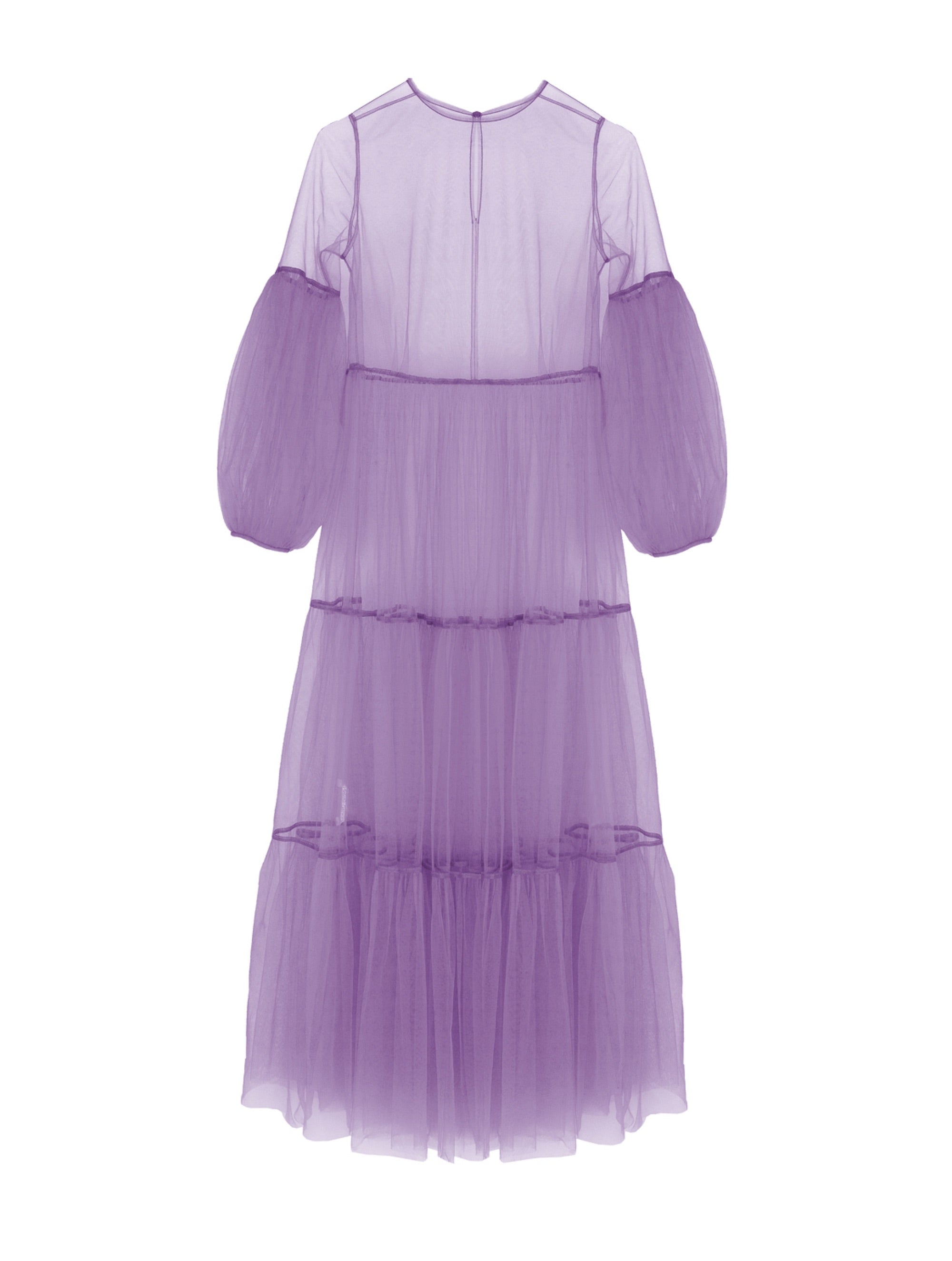 Lila Maxikleid aus Tüll mit weitem Rock und Puffärmeln