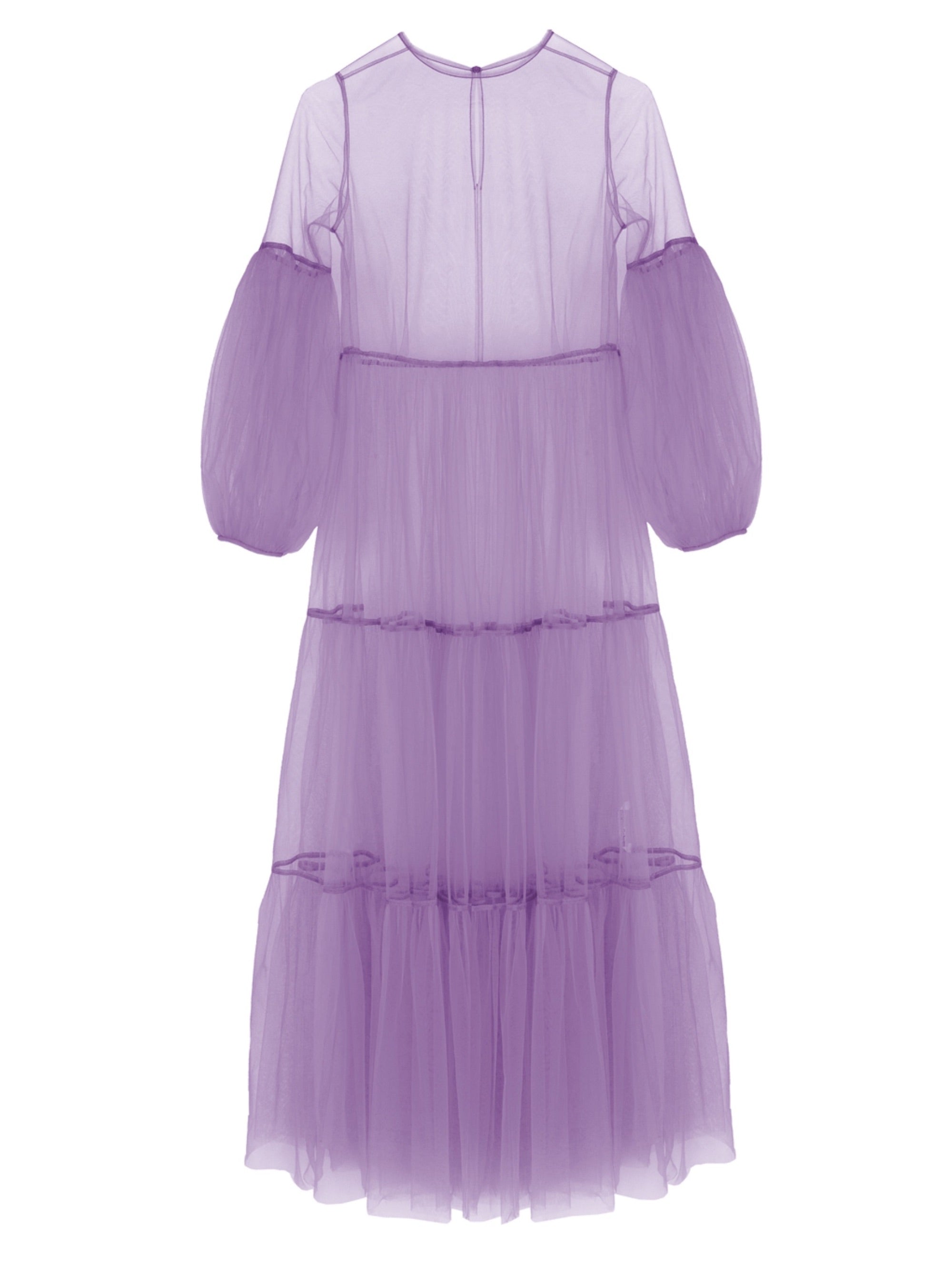 Lila Maxikleid aus Tüll mit weitem Rock und Puffärmeln