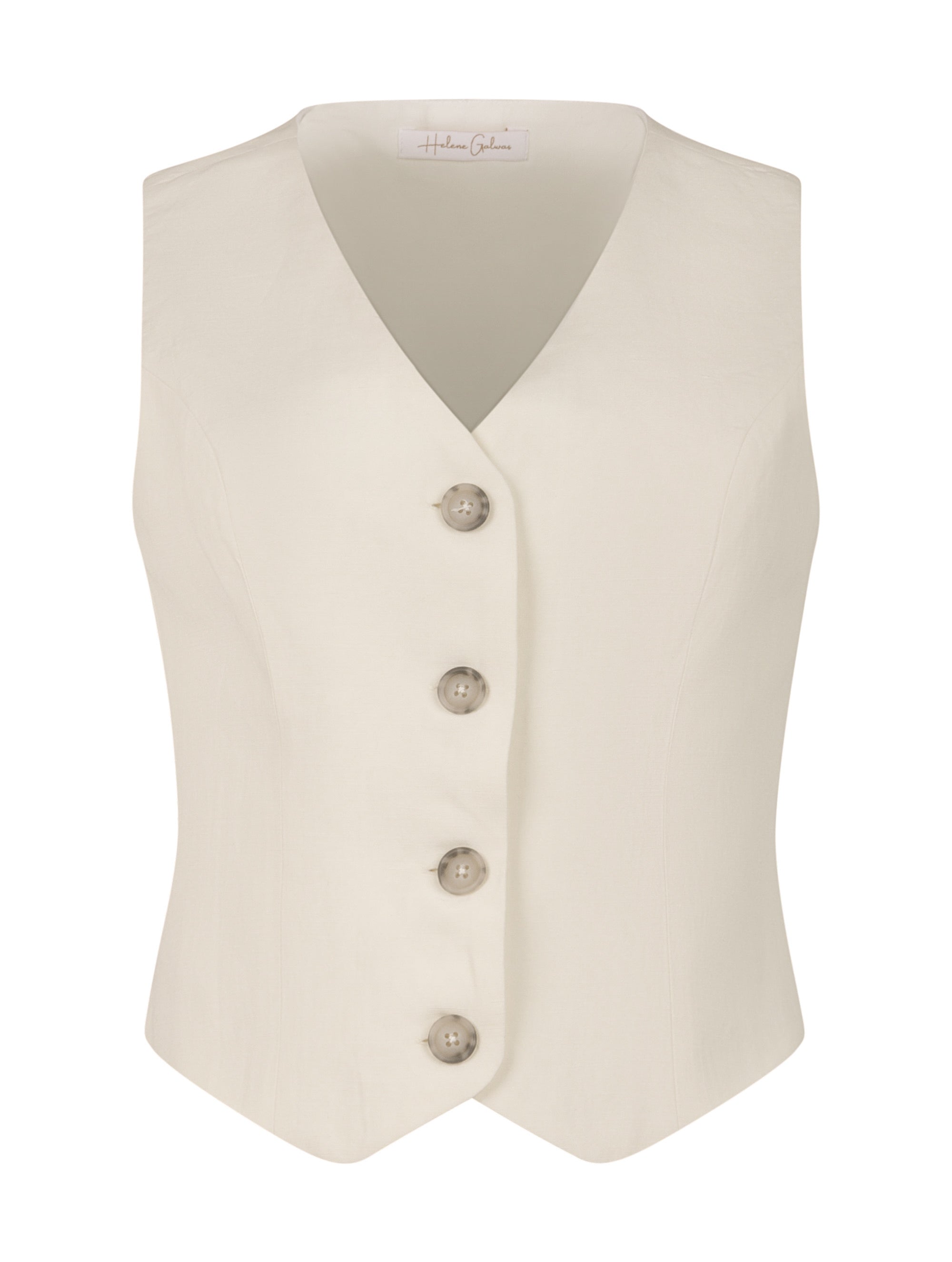 Taillierte Weste mit 4 Köpfen im Vorderteil, aus hochwertigem Leinen-Silk Mix, hochwertige Viskose als Futter im Rückenteil (Innenseite). Stoff kommt aus einem Dead Stock, daher nachhaltig.