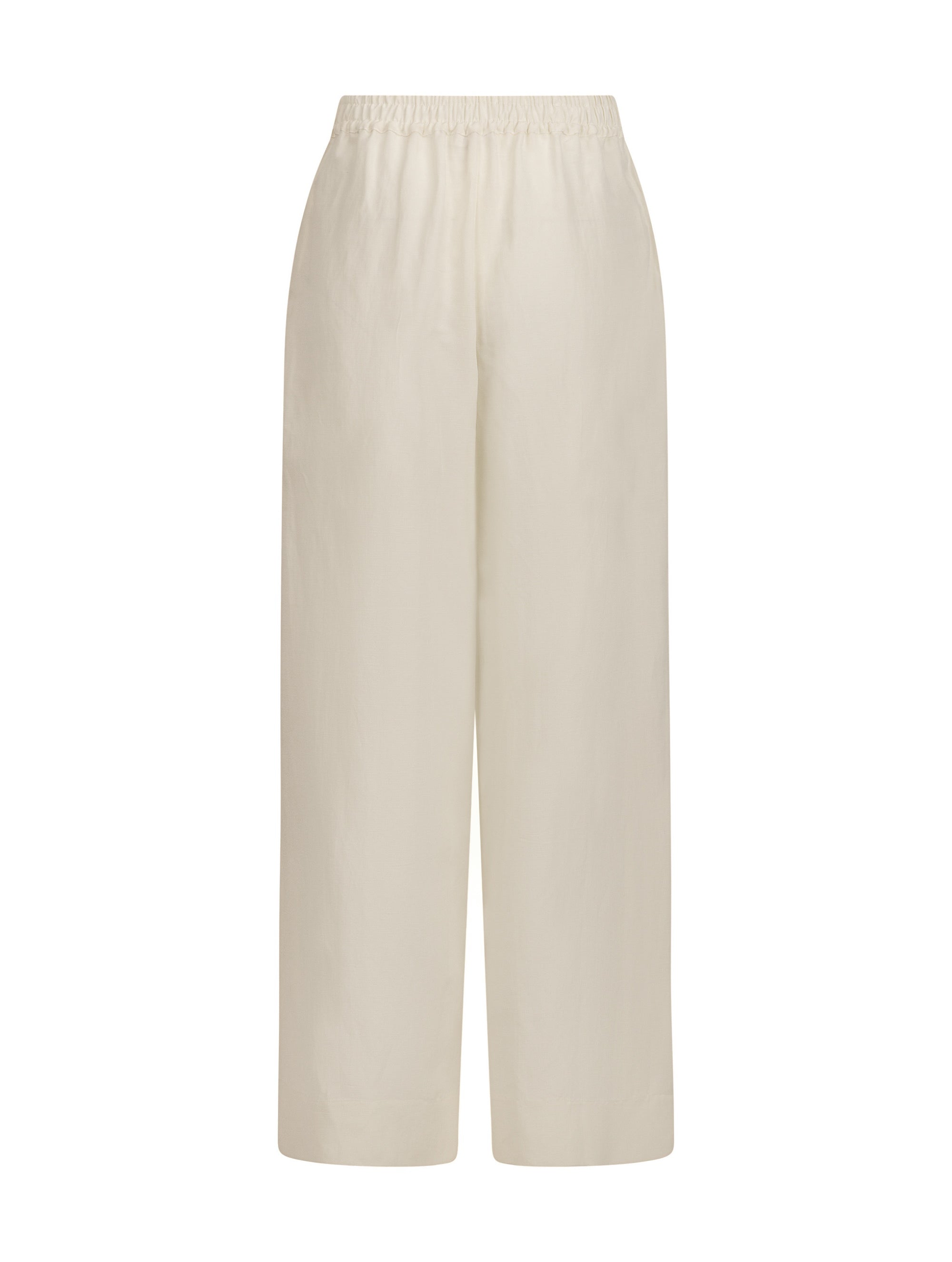 Weit geschnittene Hose mit elastischen Hosenbund, mit mehreren Abnähern am Bund, seitliche Eingriffstaschen, aus hochwertigem Leinen-Silk Mix. Stoff kommt aus einem Dead Stock, daher nachhaltig.