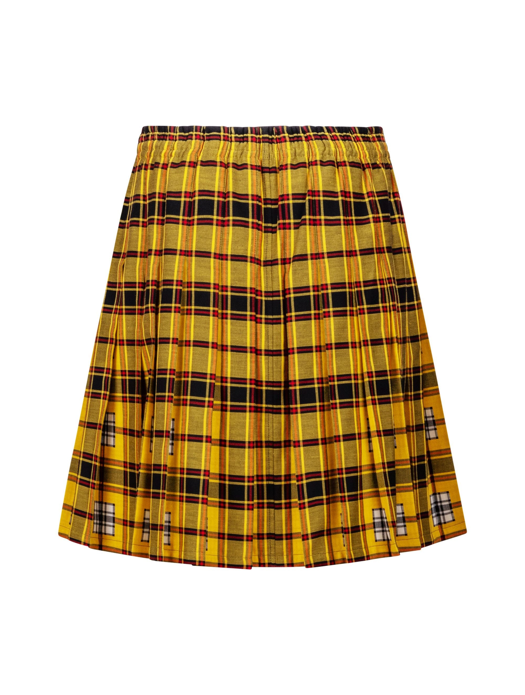 Doppelseitig karierter Faltenminirock mit elastischem Bund und Knopfleiste auf der Vorderseite. Der Rock kann von beiden Seiten getragen werden. Hergestellt aus Naturfasern.