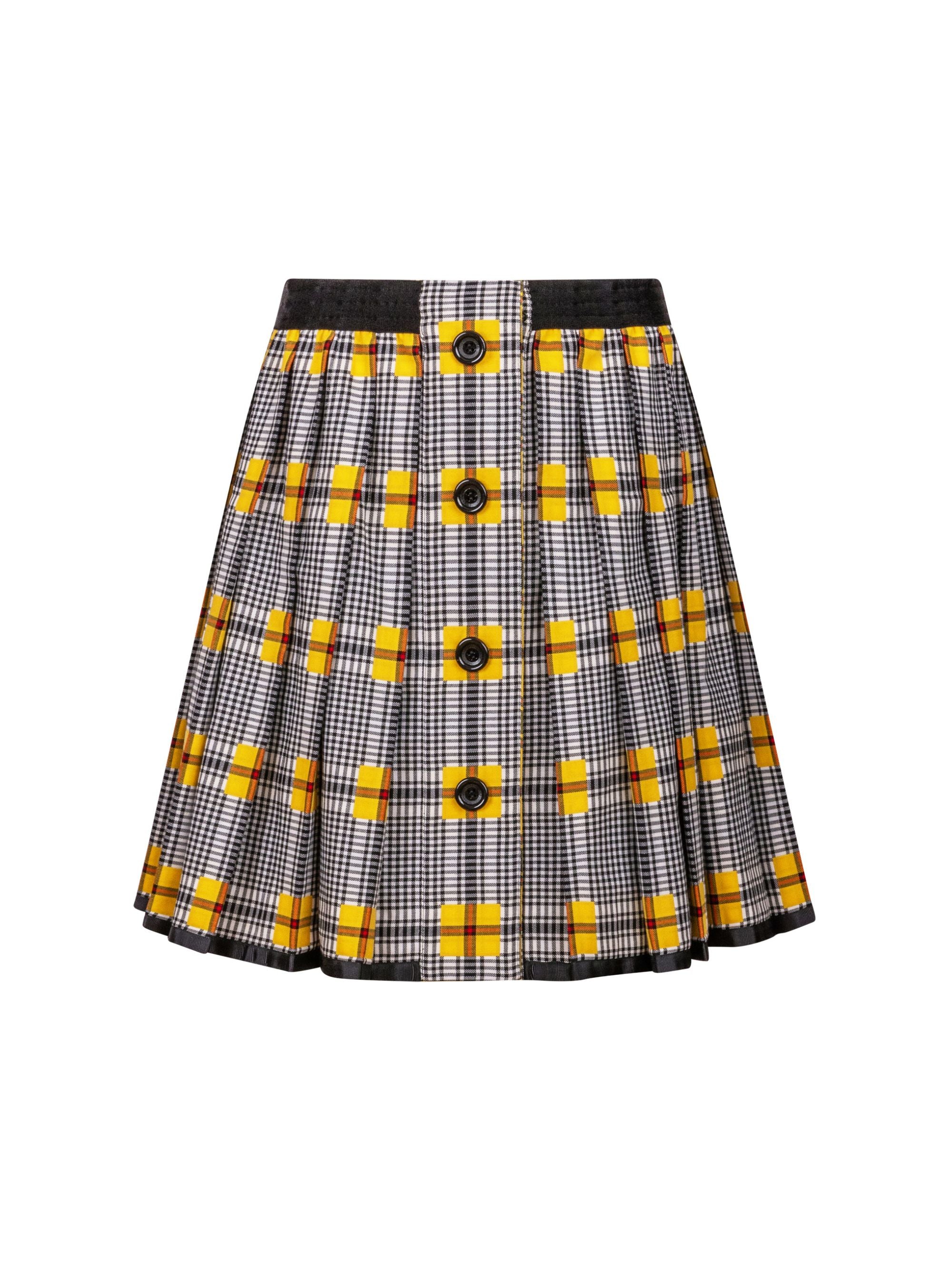 Doppelseitig karierter Faltenminirock mit elastischem Bund und Knopfleiste auf der Vorderseite. Der Rock kann von beiden Seiten getragen werden. Hergestellt aus Naturfasern.
