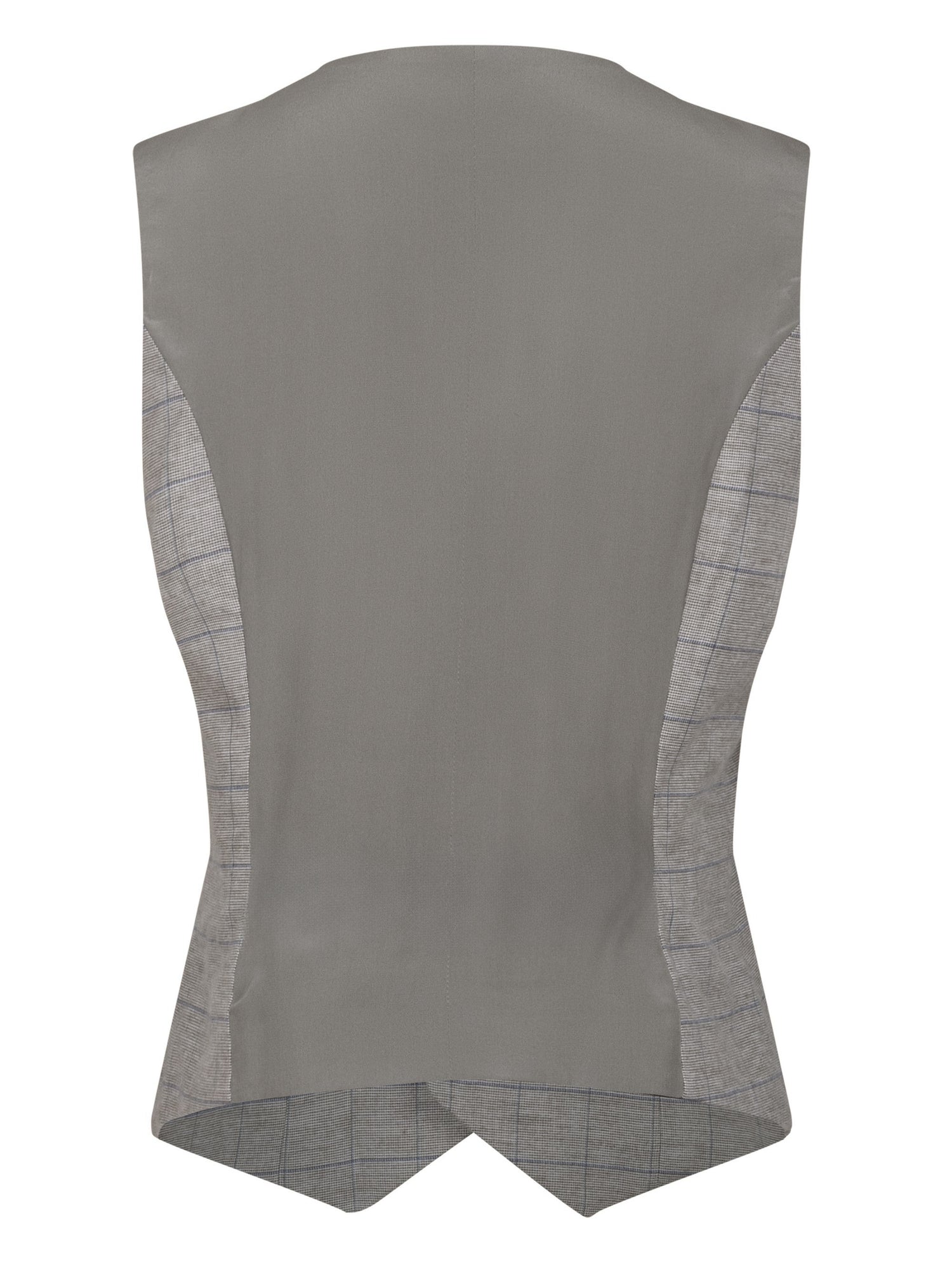 Taillierte Weste mit grauem Seidenrücken. Hergestellt mit nachhaltigen Fasern, sowie Stoffen aus unserem Altbestand im Sinne unserer "Zero-Waste-Politik".